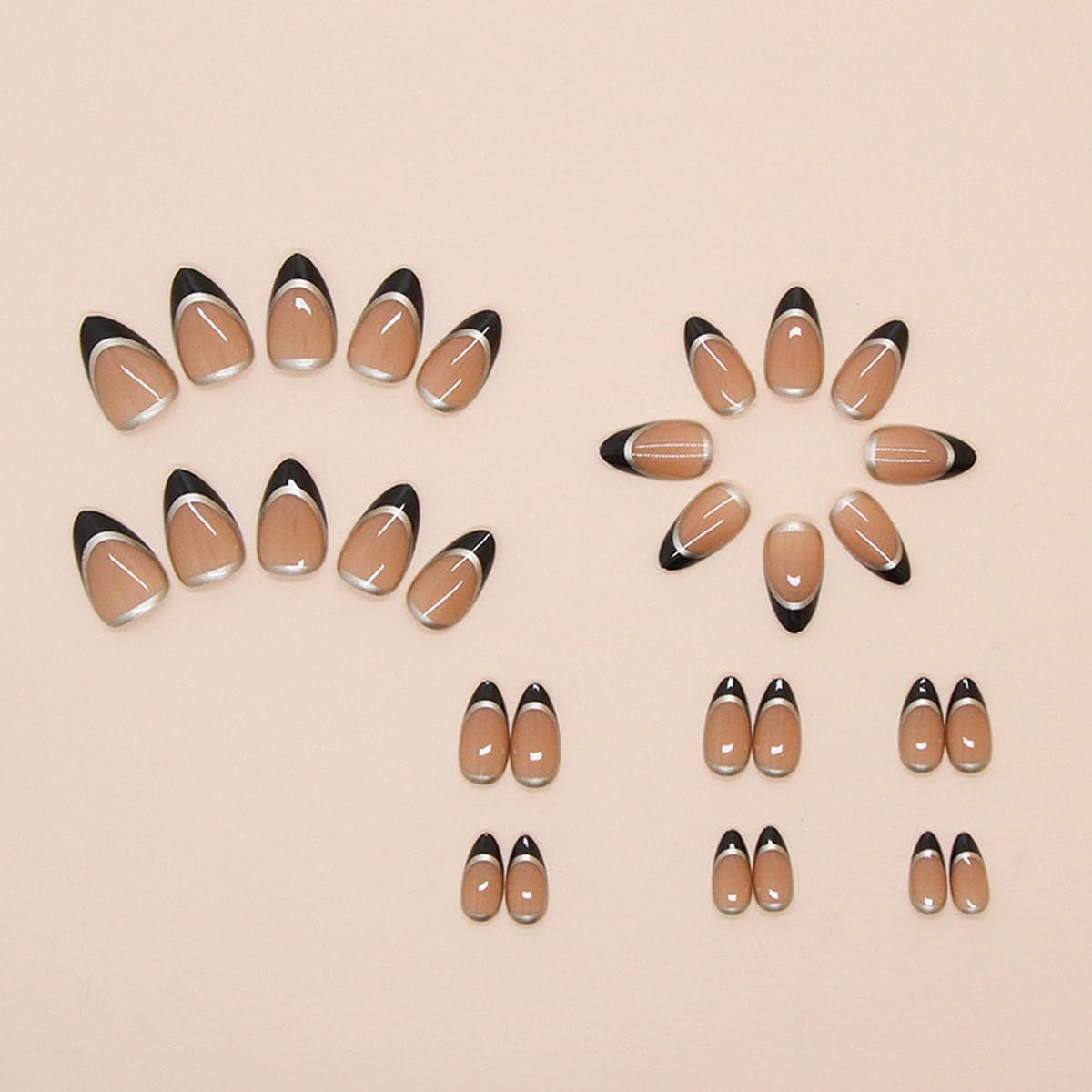 Black French Tip Press on Nails Short Almond Fake Nails French Nails Press ons with Gold Lines Design Reusable Artificial Nail Full Cover Glue on Nail Stick on Nails for Women Manicure 24 Pcs