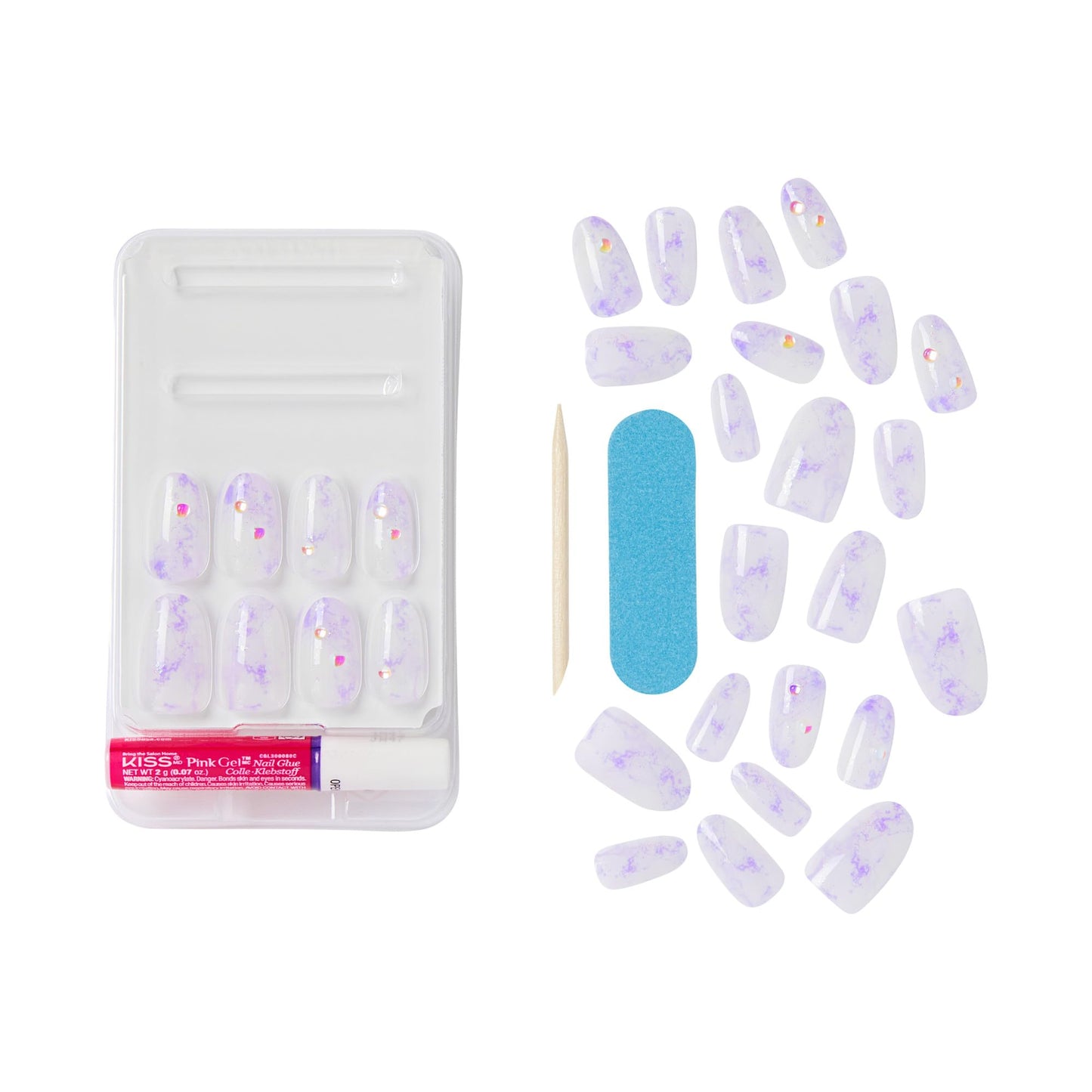 KISS X WICKED: FOR GOOD Press On Nails, ‘Bubble Of Brilliance’, Purple, Medium Oval, Waterproof, Chip Proof, Smudge Proof, 28 Fake Nails, Pink Gel Nail Glue (2g), Mini Nail File, & Manicure Stick