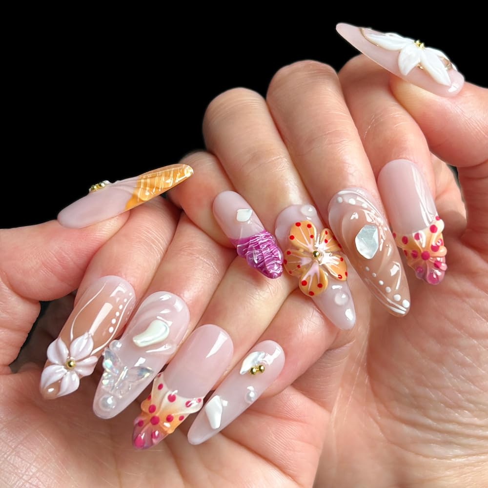 MAGLFELL Press on Nails - Handemade Long Almond Fake Nails, Unique 3D Glossy French Design False Nails, Luxury Stick On Nails for Women, 10 Pcs Acrylic Handmade Fingernails (Size L)