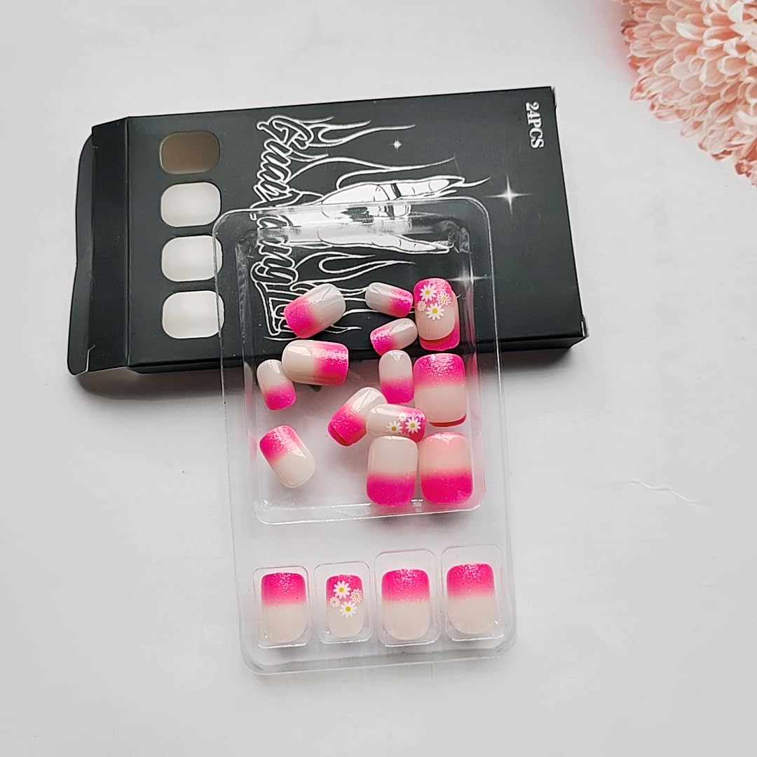 24Pcs Pink Ombre Press on Nails Short Square Spring Flower Fake Nails with Small Daisies Designs Nude Nails Press ons Glossy Full Cover Glue on Nails Reusable Stick on Nails for Women Manicure