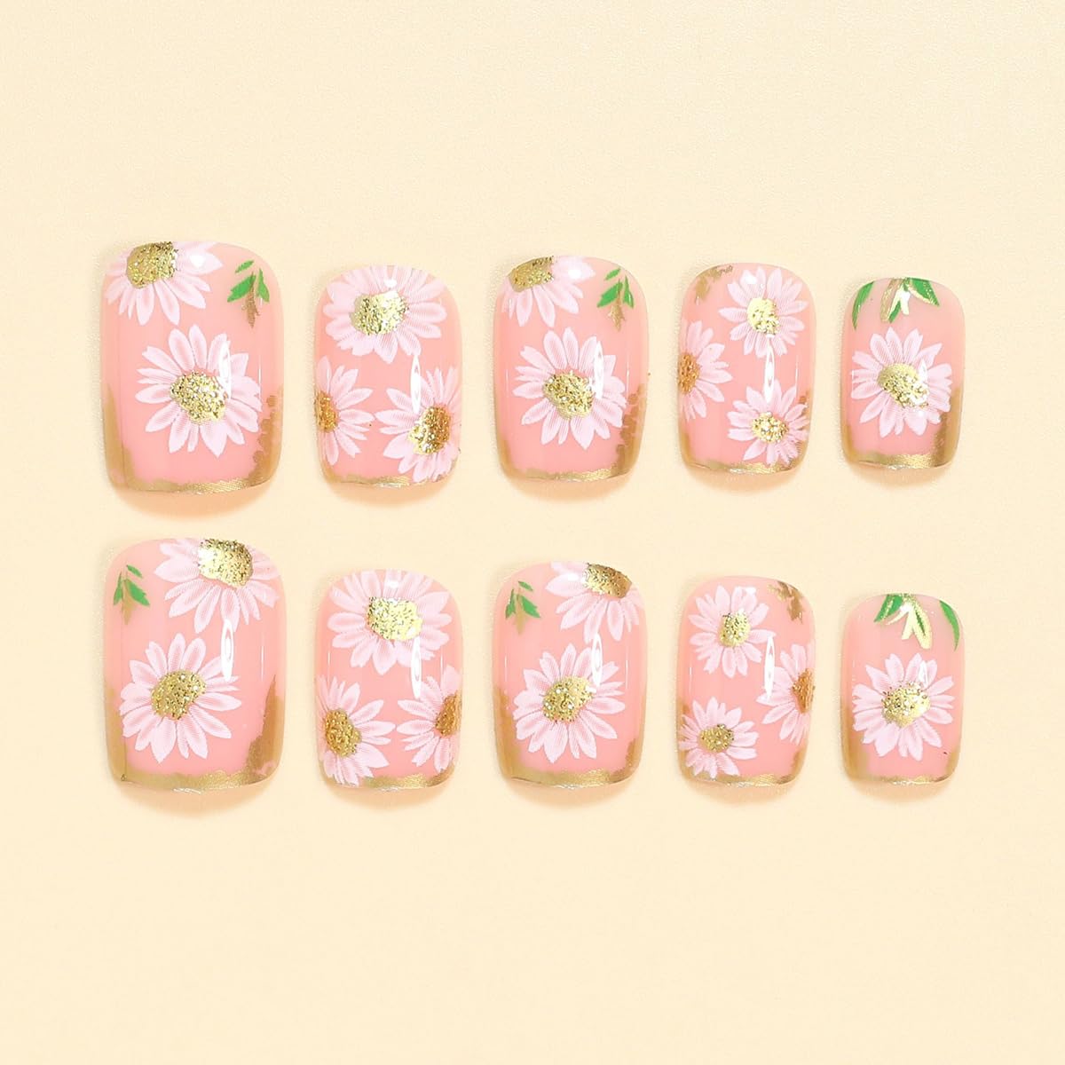 LINMEIZAI Press on Nails Short Square Spring Flower Glossy Acrylic Fake Nails Press ons Glue on False Nails for Women Reusable Cute Manicure Set Gilded Stick on Nails French Tip Kit 24Pcs