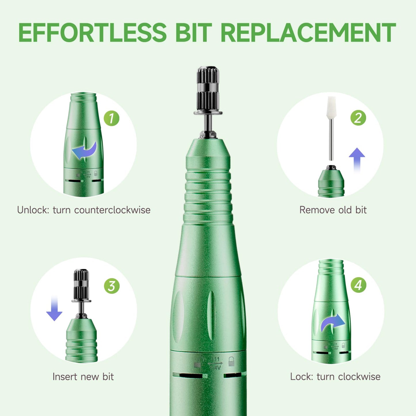 Nail Drill, Professional 45000RPM Rechargeable Electric Nail File with 11 Drill Bits & 50 Sanding Bands, Low Noise Nail Drill Kit for Acrylic Gel Nails, Salon & Home Use, Soft Green