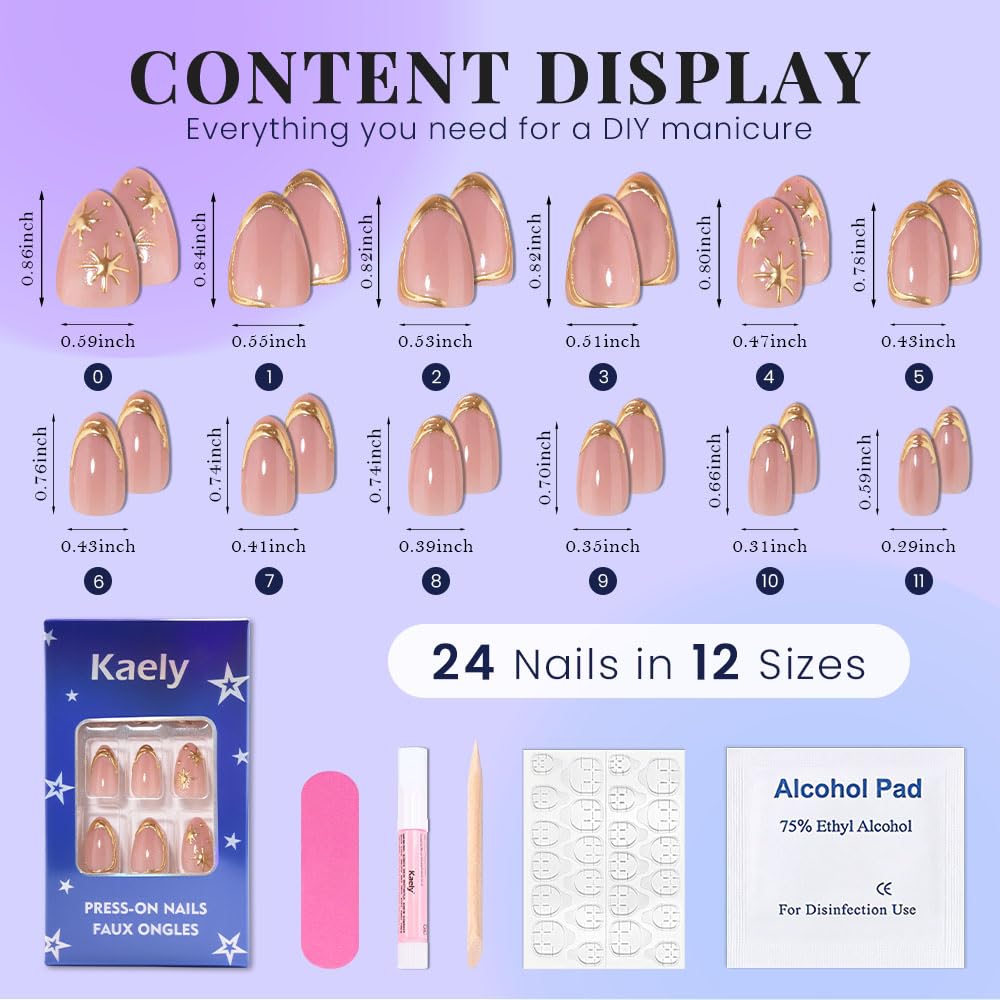 evpct Short Almond Press on Nails with French Tip & 3D Gold Line Star Design, Glossy Full Cover Acrylic False Nails with Glue, Reusable Stick - Glue on Fake Nails for Women- Fall Nail Art Gift