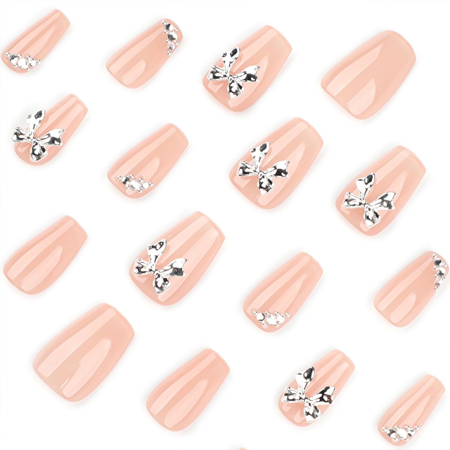 Vopintpy 3D Silver Bow Press on Nails Short Square Fake Nails with Design Nude Glossy Acrylic Glue on Nail Reusable Full Cover Artificial Stick on Nail for Women DIY Manicure