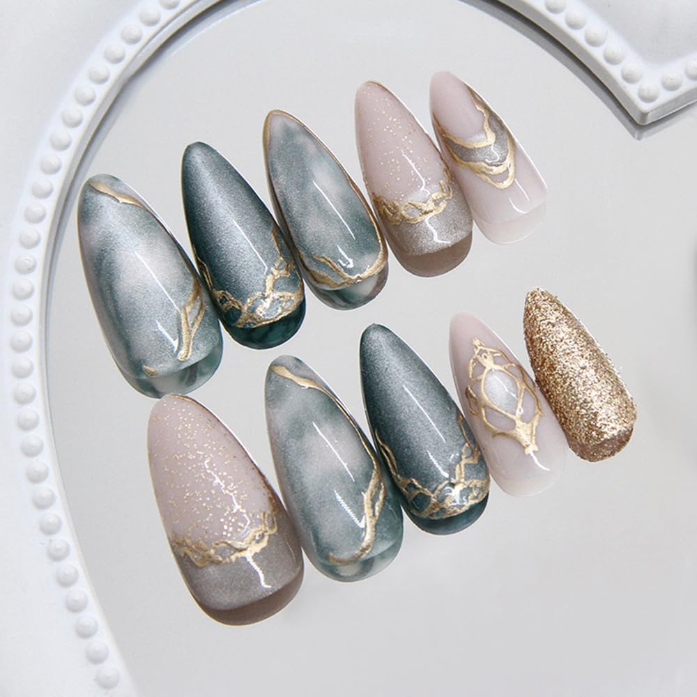24 Pcs Cat's Eye Press on Nails Short Almond,MINGCHUN Fall Fake Nails Press ons Acrylic Nail Art Tips Kit Full Cover False Nails Glue on Nails with 3D Gilded Marble Texture Glitter Design for Women