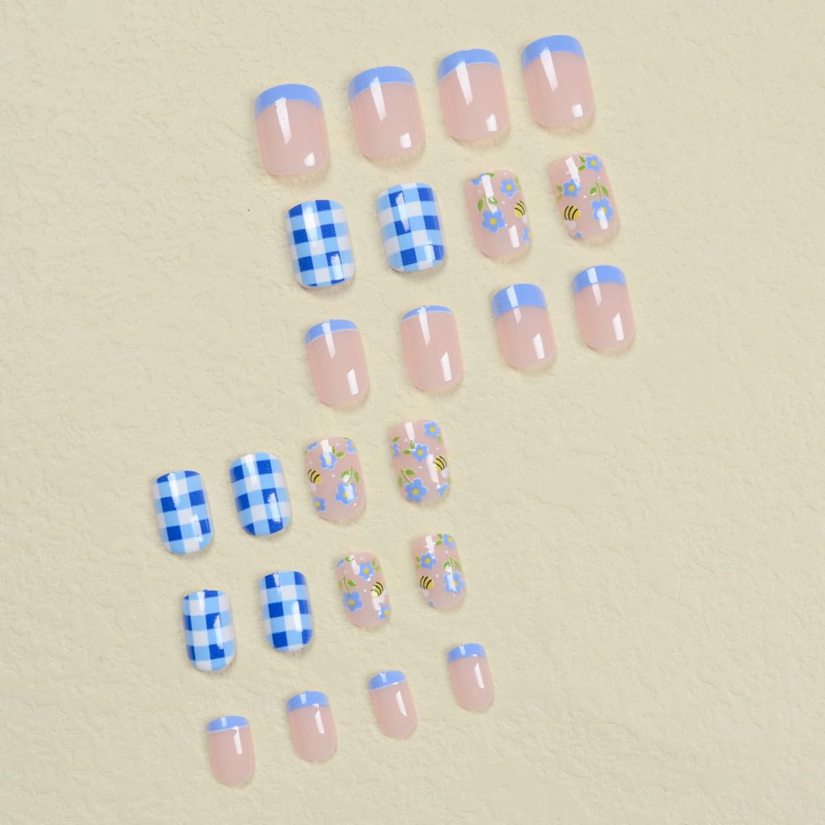 Blue Press on Nails Short Square Fake Nails with Flower & Bee Print Design,Blue Plaid False Nail Press ons Reusable Artificial Nail Full Cover Glue on Nail Stick on Nails for Women Manicure 24Pcs