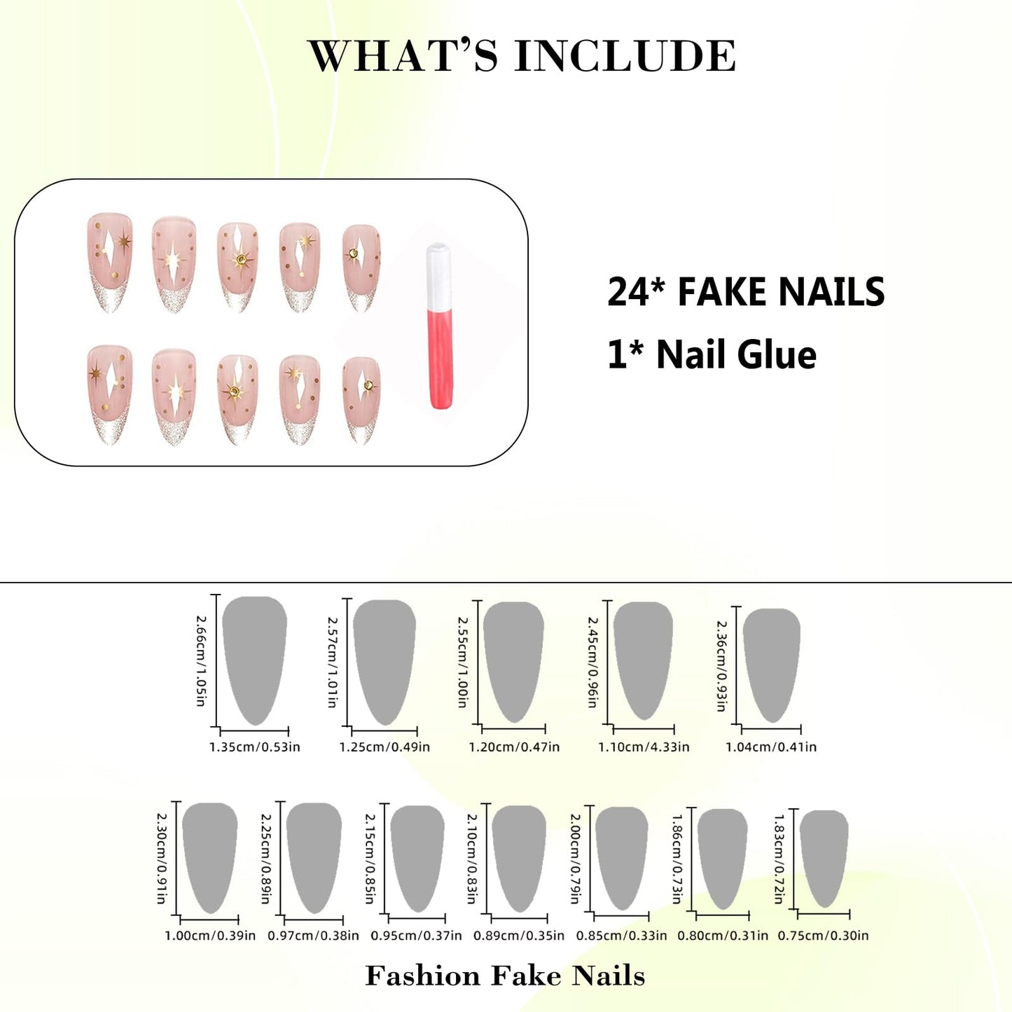 IMRAIN Almond Press on Nails Medium Fake Nails Green Cat's Eye French Tip False Nails with Golden Star Designs Glossy Full Cover Bling Stick on Nails for Women Girls 24Pcs