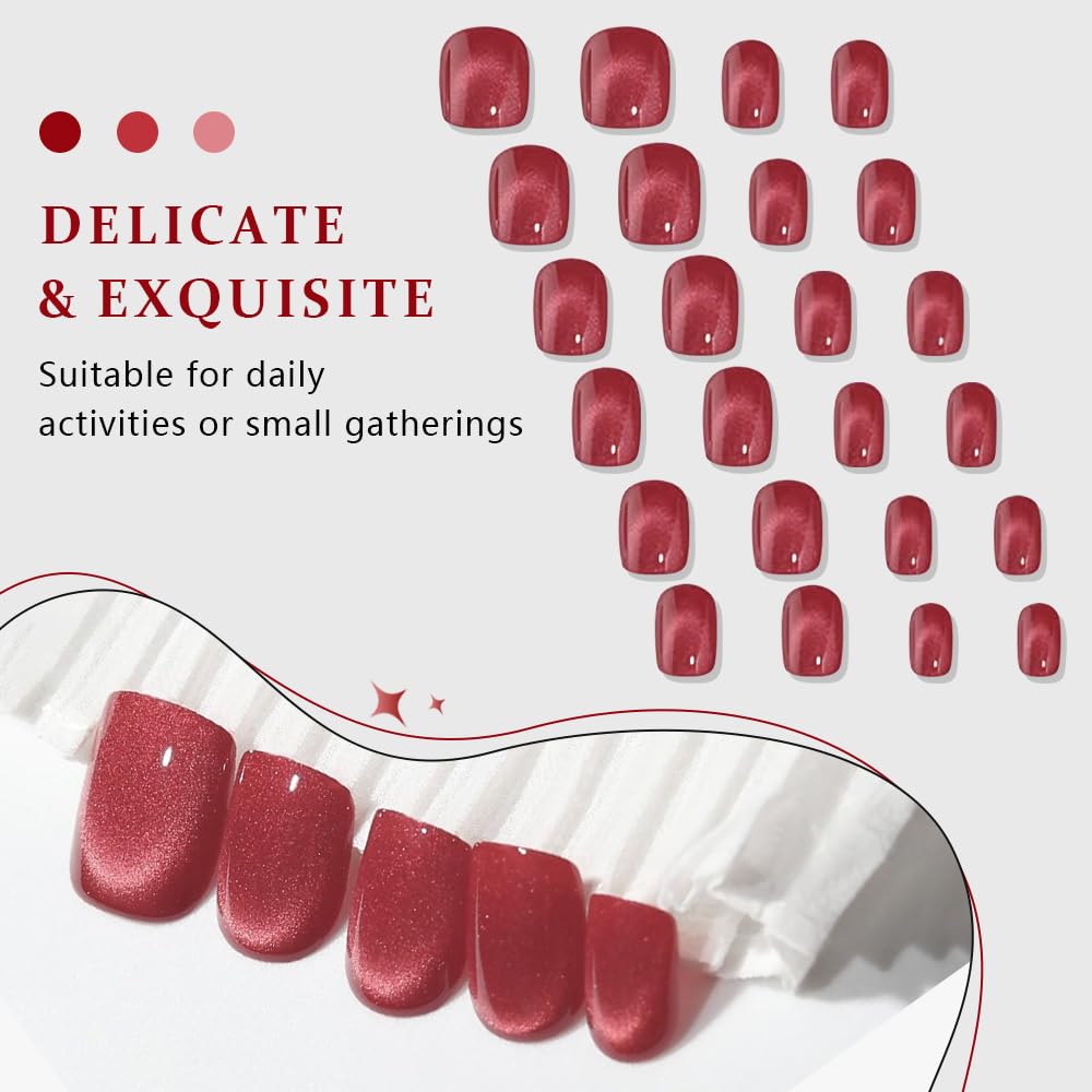 evpct Red Cat Eye Short Square Press on Nails No Glue for Women Gift, Red Short Square Stick on Nails with Cat Eye Design, Metallic Glitter Glossy Soft Fake Nail, Reusable Press on Acrylic Fake Nail