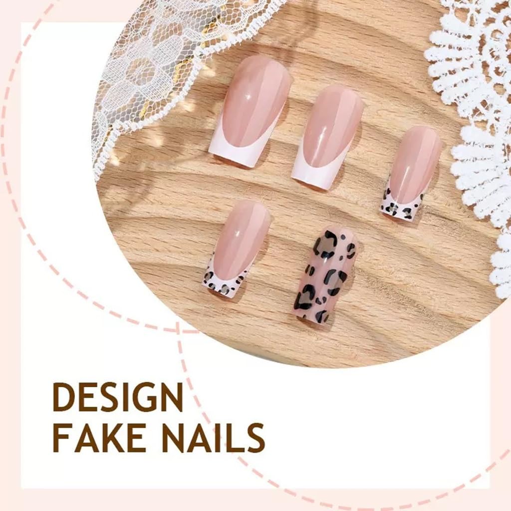Medium Press on Nails Coffin - White French Tip Fake Nails with Leopard Print Design - Glossy Full Cover Stick on False Nails - for Women 24 Pcs