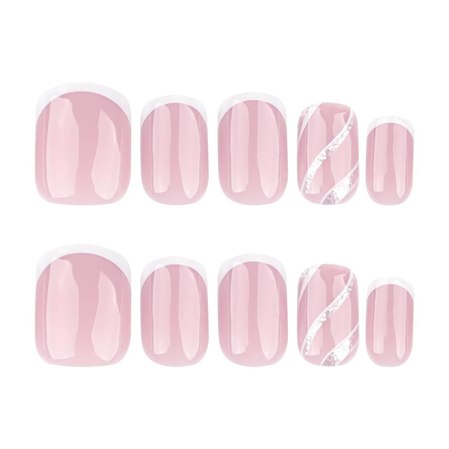 Rilafuvu Press on Nails Short Square Fake Nails Nude White French Tip Press ones Acrylic Nails with Stripe Designs Glitter False Nails Nude Reusable Stick on Nail for Women 24pcs