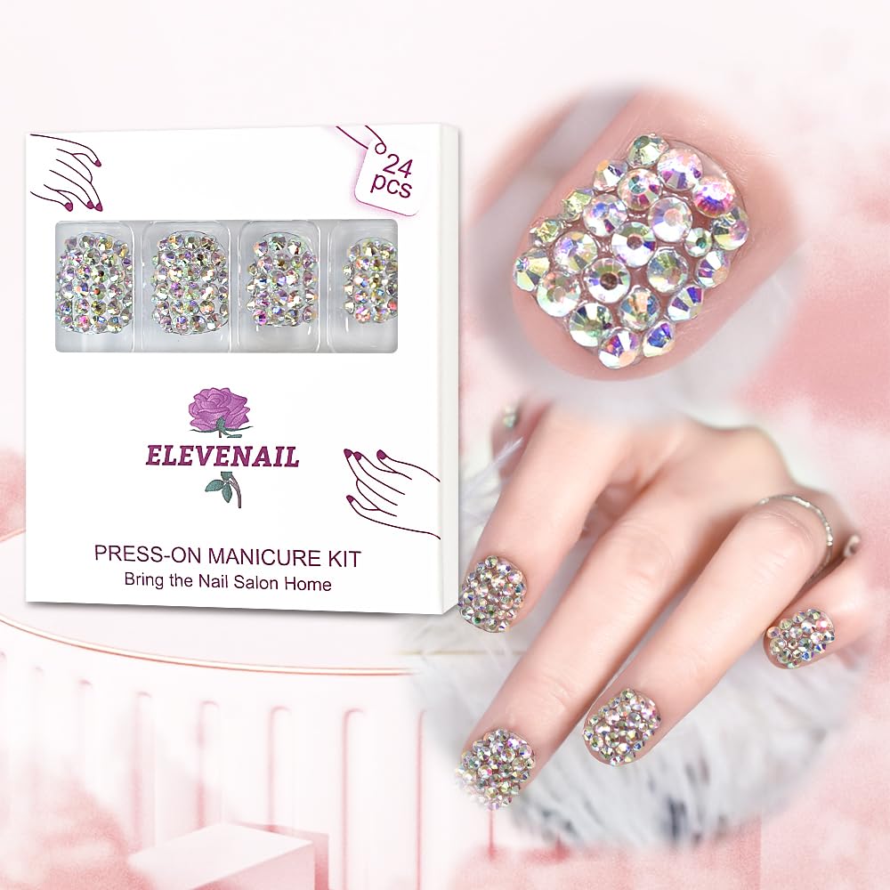 Elevenail 24pcs Handmade 3D Rhinestones Press On Nails Square Short Nails Women Girls Gifts Salon Manicure Shiny Crystal Nail Art Tips Fake Nails Reusable Acrylic False Nails