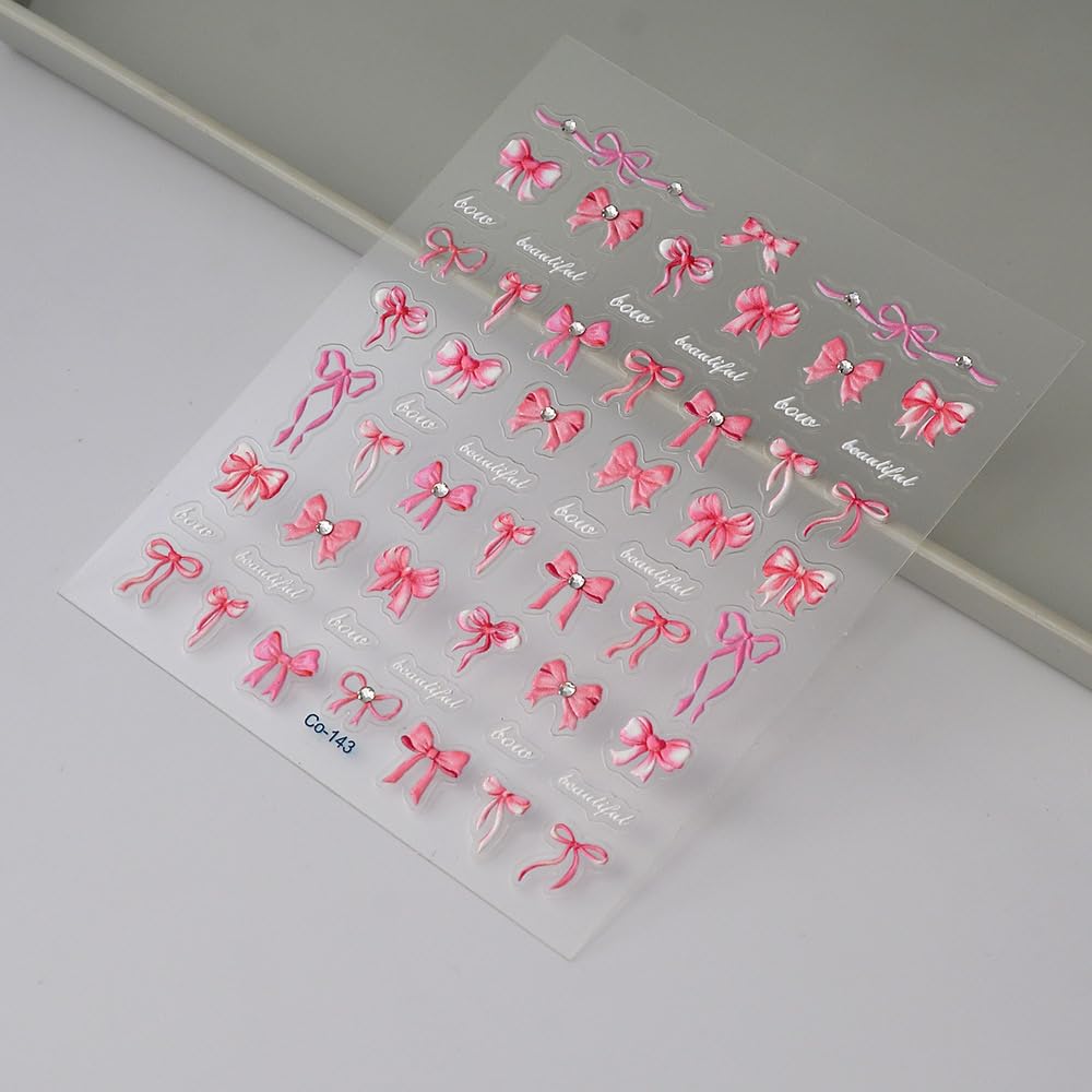 5D Embossed Bow Nail Stickers Pink Bowknot Nail Art Stickers with Rhinestone Design Bow Nail Decals for Women Girls Christmas Acrylic Nails DIY Manicure Nail Supplies