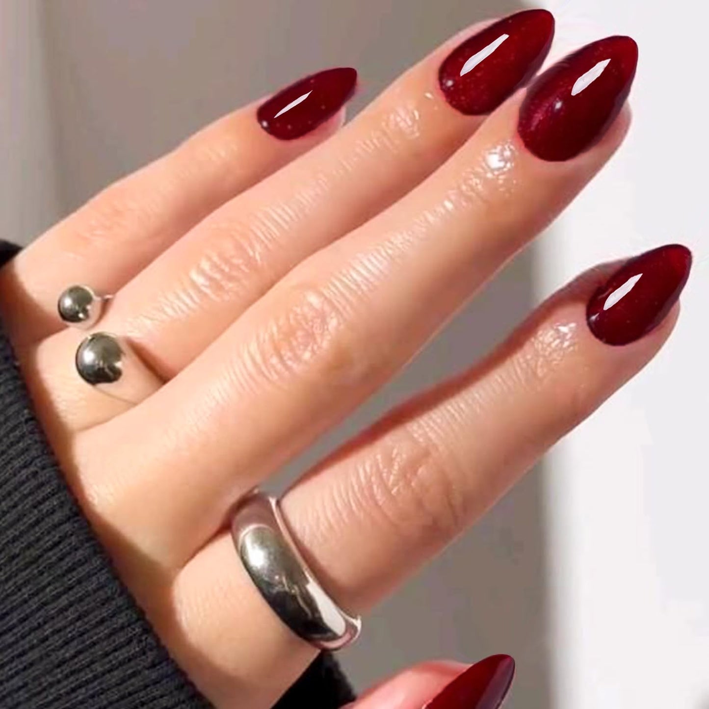 GLAMERMAID Nude Pink Press On Nails Short Almond, Handmade Jelly Soft Gel Nails Round Oval Fake Nails, Soft Jelly Gel Nail Tips Deep Burgundy Round Fake Nails, Natural Deep Red Stick Glue on Nails