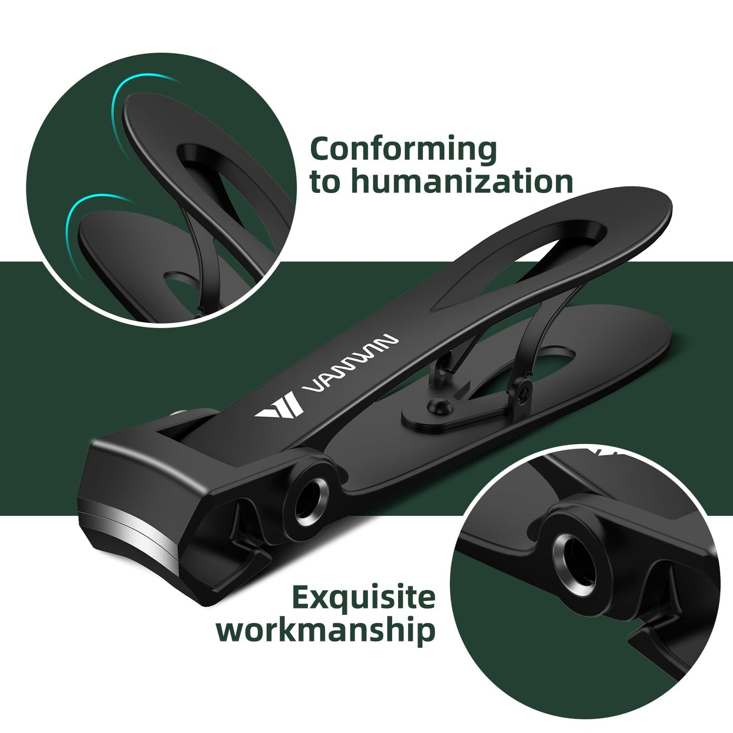 German Nail Clippers for Men, VANWIN Toenail Clippers for Thick Nails for Seniors with 16mm Wide Jaw, Ergonomic Heavy Duty Angled Head Toe Nail Clippers with Catcher Fingernail Clipper for Women Black