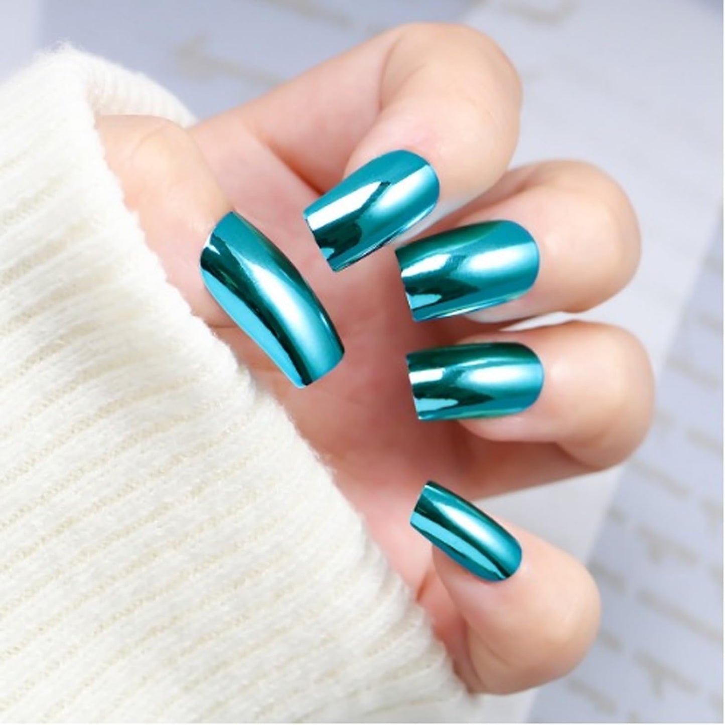IMSOHOT Press on Nails Short Square Fake Nails Laser Blue Glossy Full Cover Chrome Metal Acrylic False Nails Stick on Nails for Women Girls 24Pcs Squoval DIY Nail Art