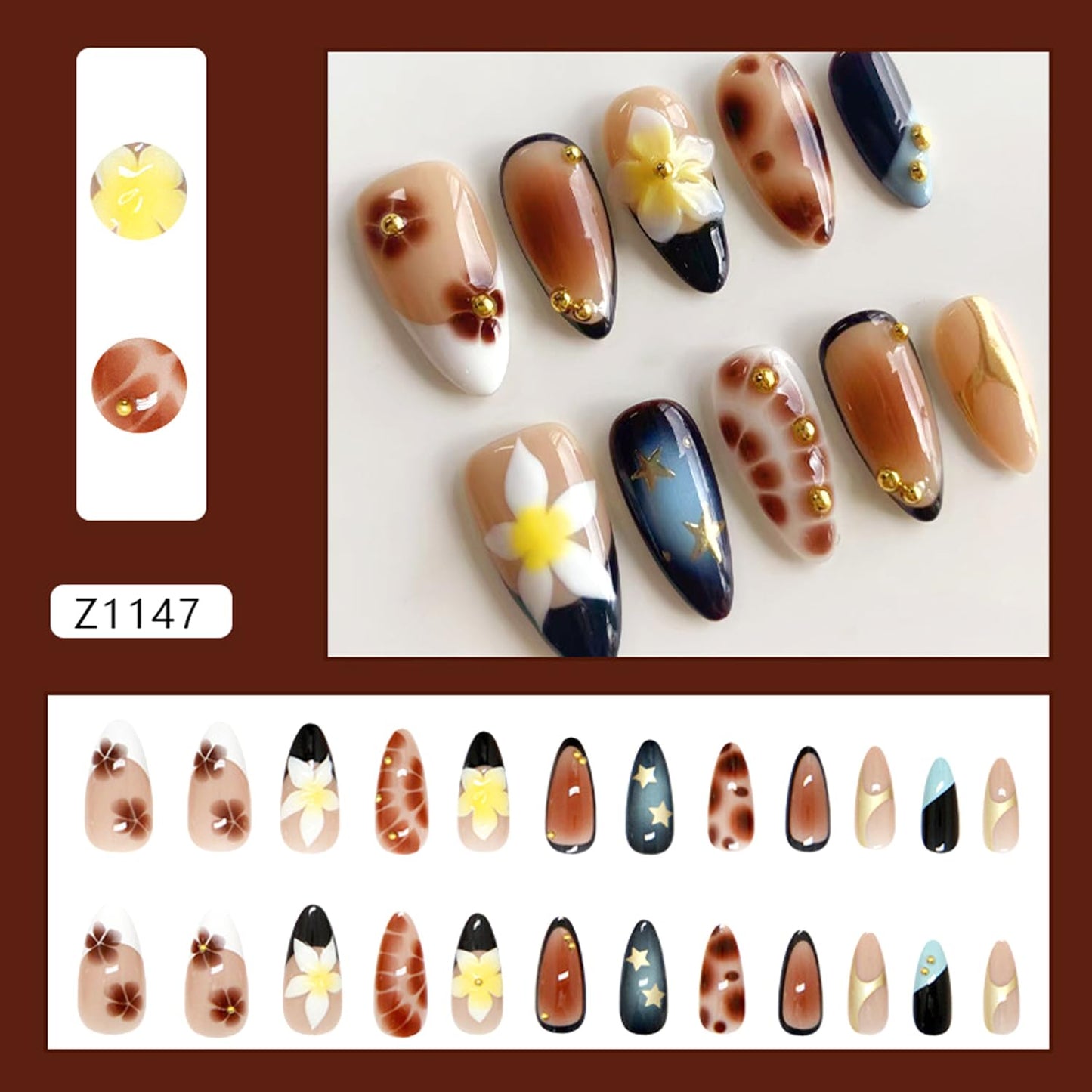 24Pcs French Tip Press on Nails Medium Almond Fake Nails with Lily Flower Pattern Brown Gold Beads Press on False Nails French Nails Cute Floral Stick on Full Cover Artificial Glue on Nail for Women
