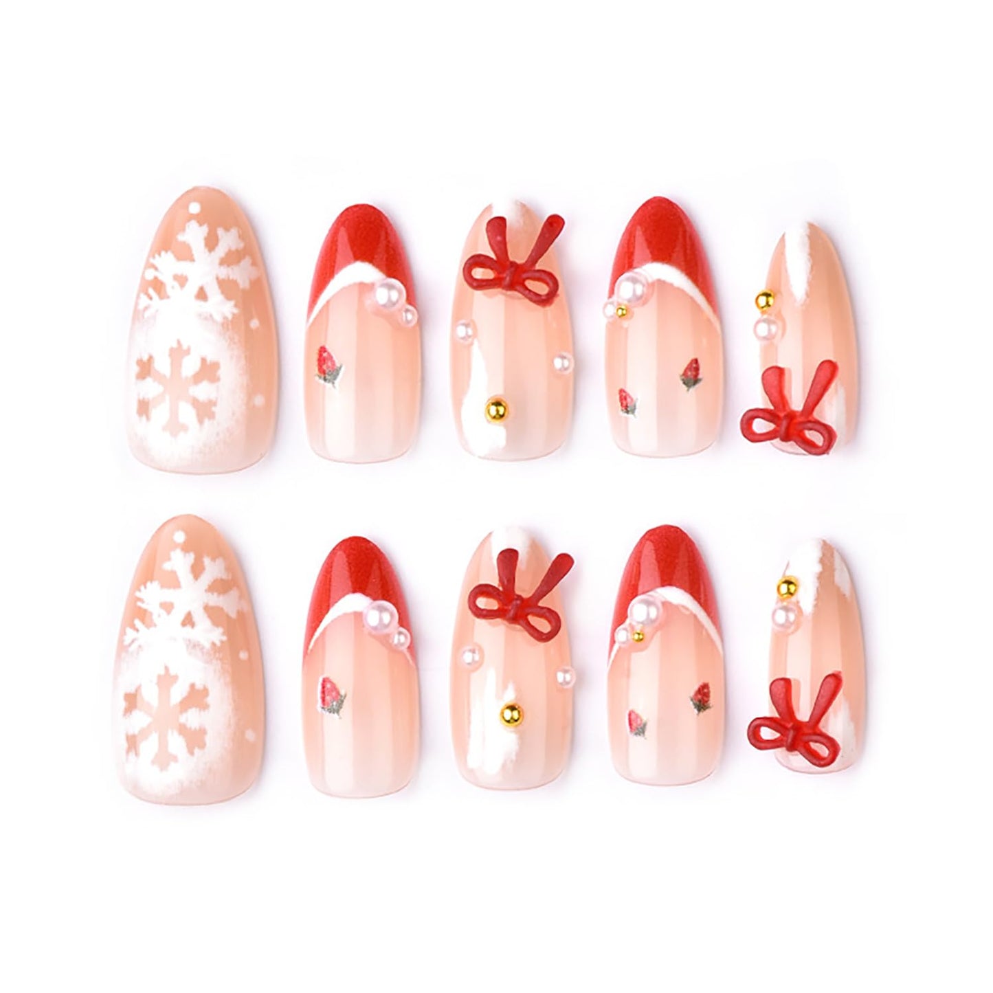 30pcs Christmas Press on Nails Medium Almond French Tip Fake Nails Winter Snowflake Full Cover False Nails with 3d Bow Rhinestones Designs Glue on Nails Valentine Nude Glossy Acrylic Nail for Women