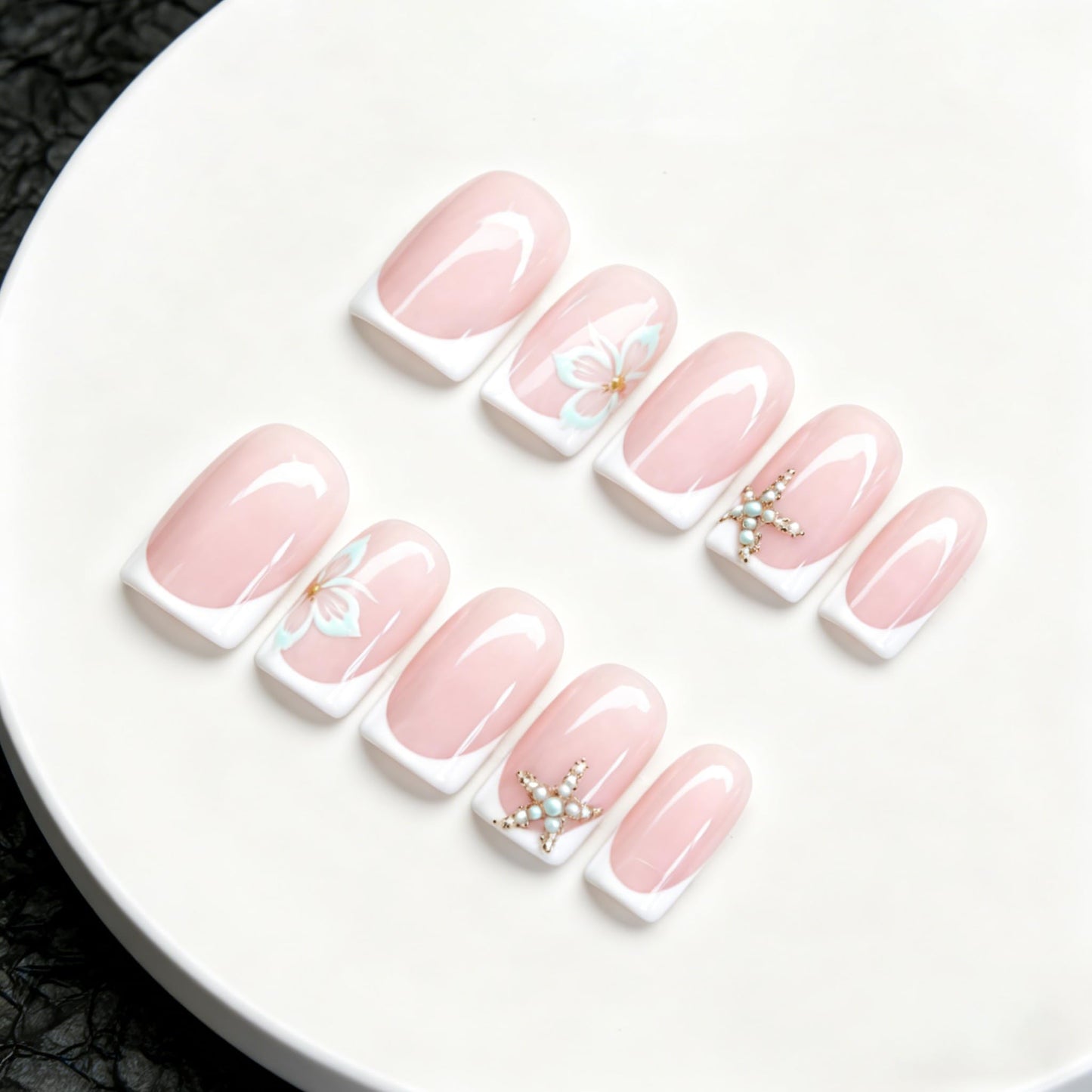 Summer Press on Nails Muti-Layer Gel Thick Handmade Press on Nails Short Square White French Tip Acrylic Nails Beach Starfish Fake Nail Designs Full Cover Ocean False Nail for Women (M)