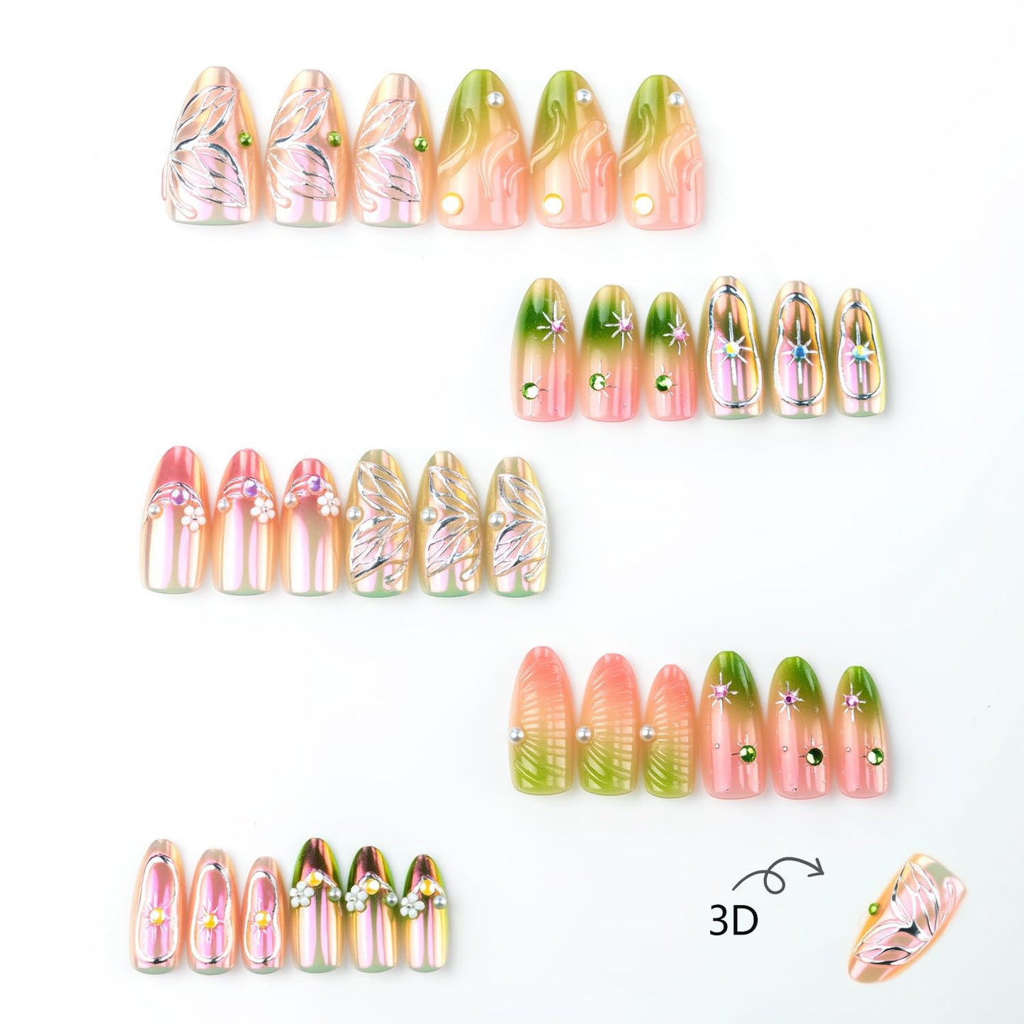 30Pcs Pink Green Smudge Press on Nails Medium Almond French Tip Fake Nails with 3D Rhinestone Design Butterfly Flower False Nails Glitter Full Cover Star Chrome Silver Acrylic Stick on Nails for Women