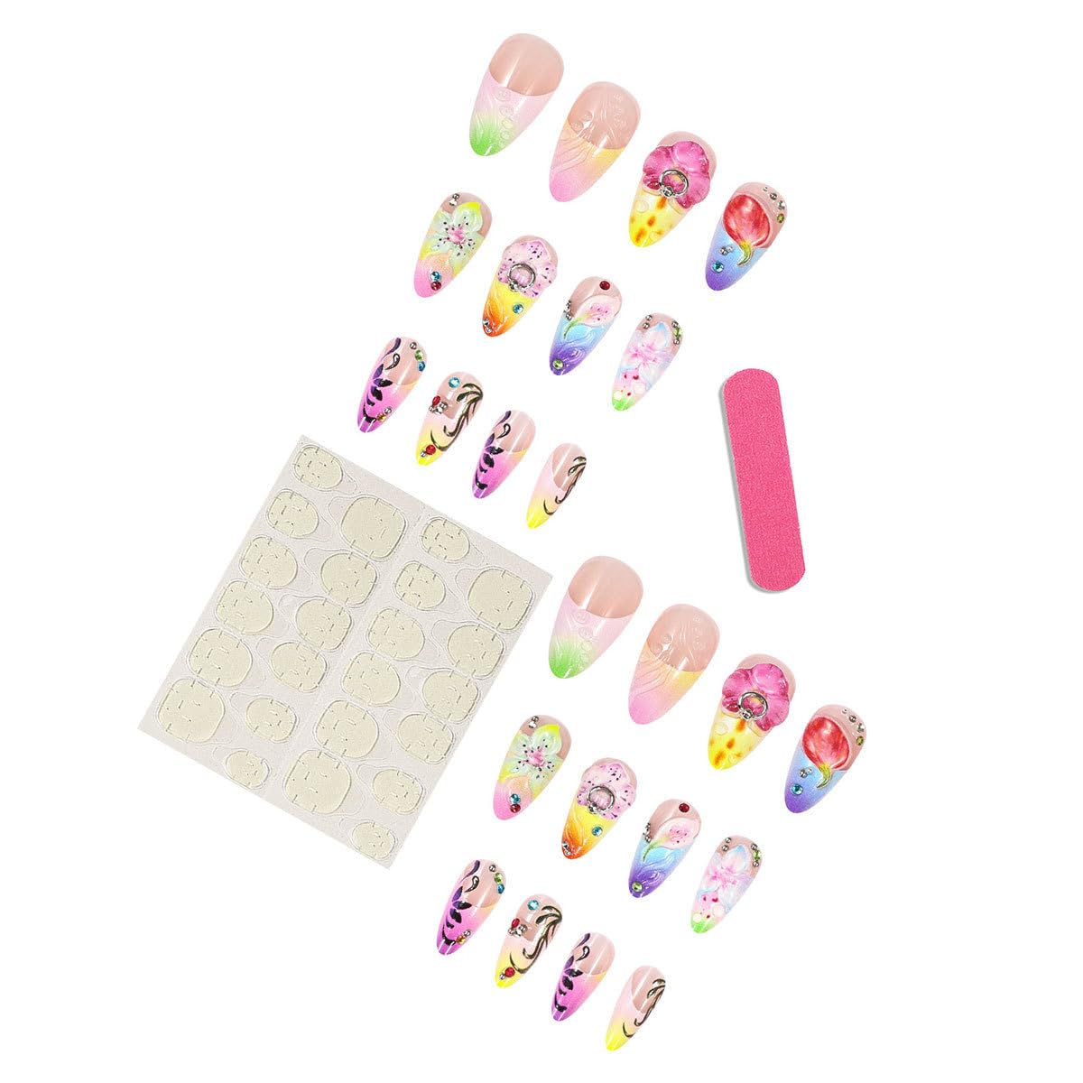 Long Press on Nails Almond Fake Nails Flowers Colorful Artificial Nail with Rhinestone Designs Stick on Nail for Women 24pcs