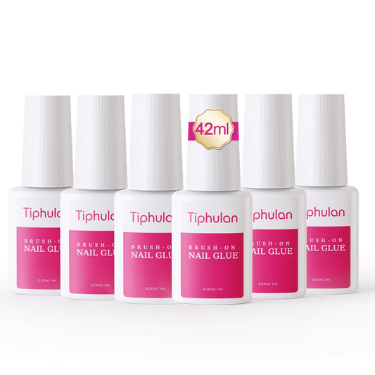 TIPHULAN 42ml Brush On Nail Glue for Press On, Acrylic Nails - Super Strong, Durable & Long-Lasting, Mess Free, Travel Friendly, 1.38 oz(6PCS)