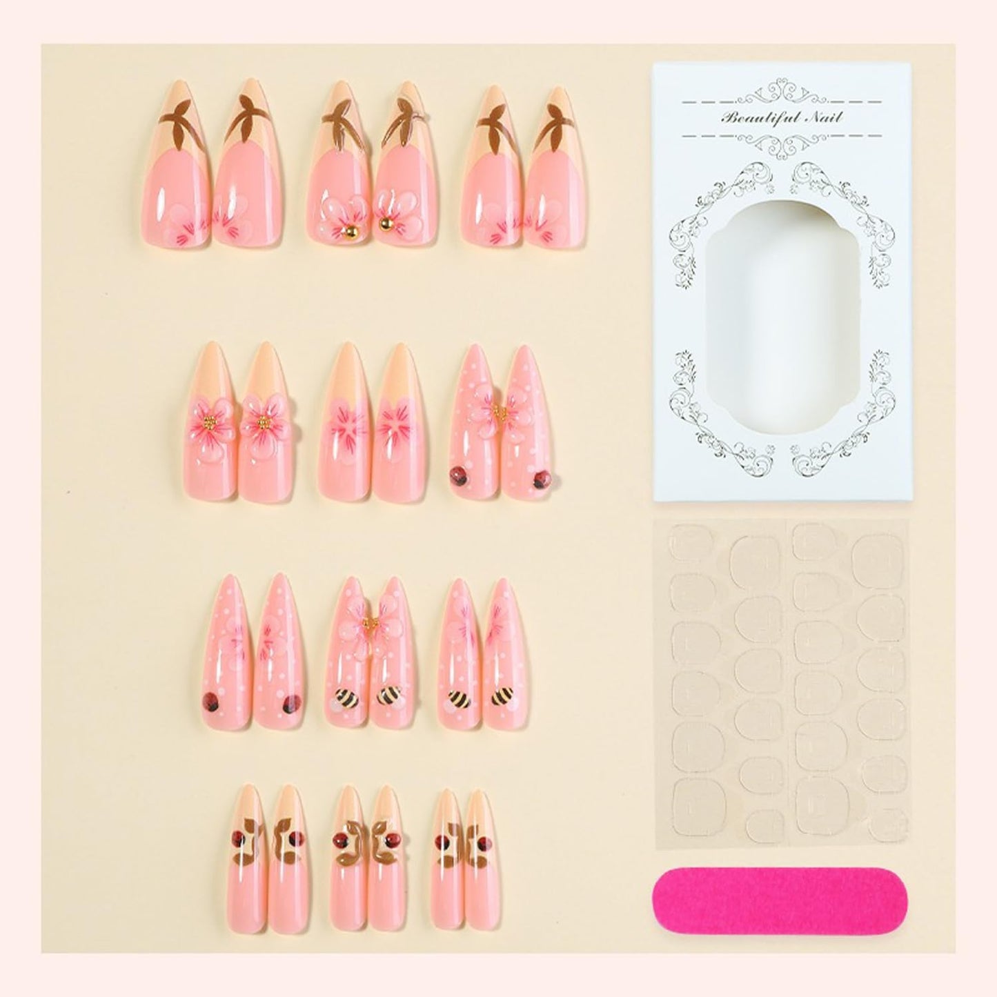 Stiletto Press On Nails Long Fake Nails Flower With Polka Dot Design French Tip Fake Nails Full Cover Summer Acrylic Nail Artificial Reusable Stick On Nail For Women 24pcs