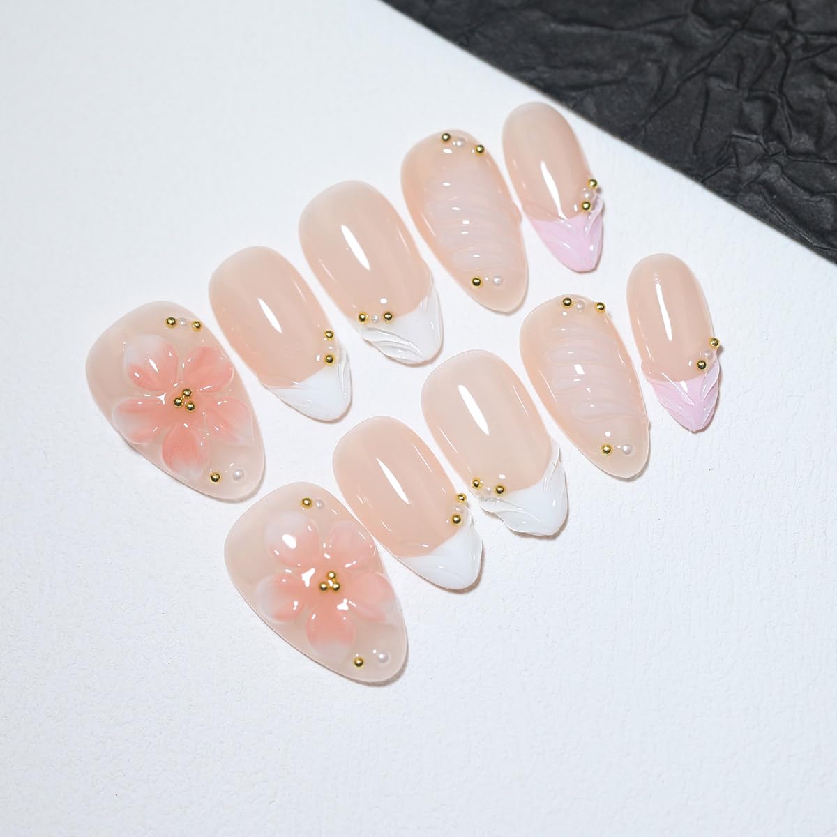 10 Pcs Short Almond Handmade Press On Nails | 3D Pink Floral & French Tip, Pink Swirl & Gold Dot Accents| Skip Salon Trips, Easy to Apply & Remove, Reusable (RR09, S)