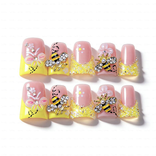 IntoVibes Handmade Short Duck Press On Nails, Precious Bee, 10 Pieces Reusable Acrylic False Nails, Size Small