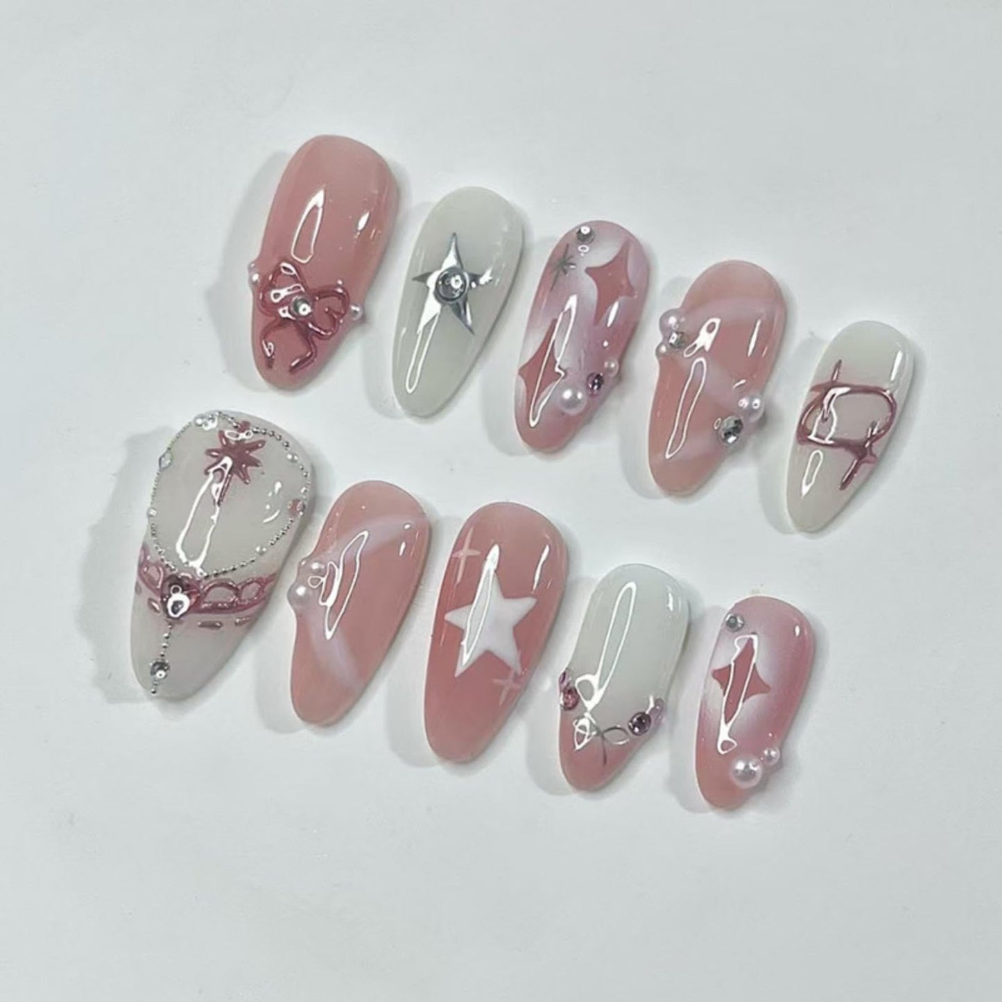Pink Press on Nails Medium Almond False Nails with 5D Pearl Star Design White Lines Stick on Nails Glossy Full Cover White Glue on Nail Rhinestones Fake Nail for Women Girls Manicure 24Pcs