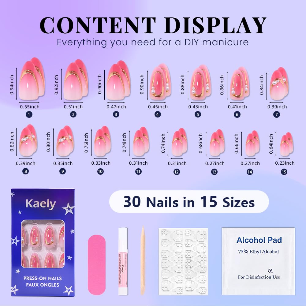XZMeiLun Pink Ombre Gold Frame Pearl Flower Press on Nails, Medium Almond Acrylic Fake Nails Design, Natural Reusable Nails Kit for Women DIY False Nail Art Decoration Gift, Salon Quality Reusable