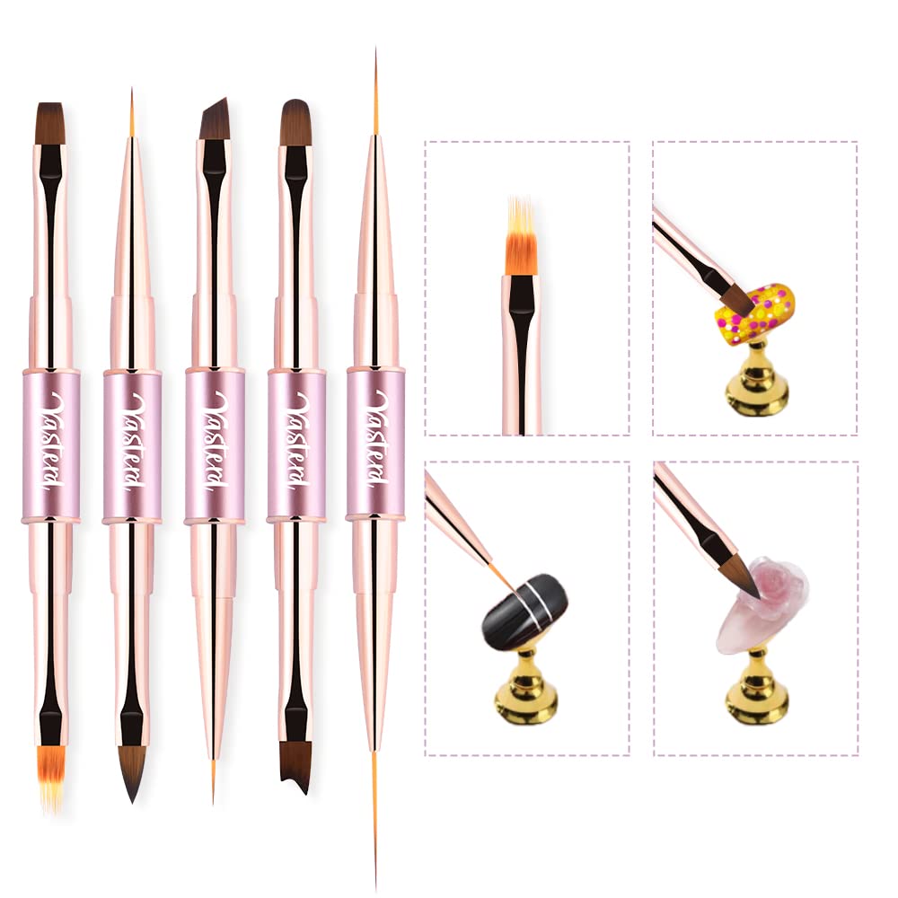 Nail Art Brushes Set Double-Ended Nail Art Tools with Nail Extension Gel Brush, Builder Gel Brush, Nail Art Liner Brush and 3D Nail Art Decorations Brush for Salon at Home DIY Manicure Set of 5Pcs
