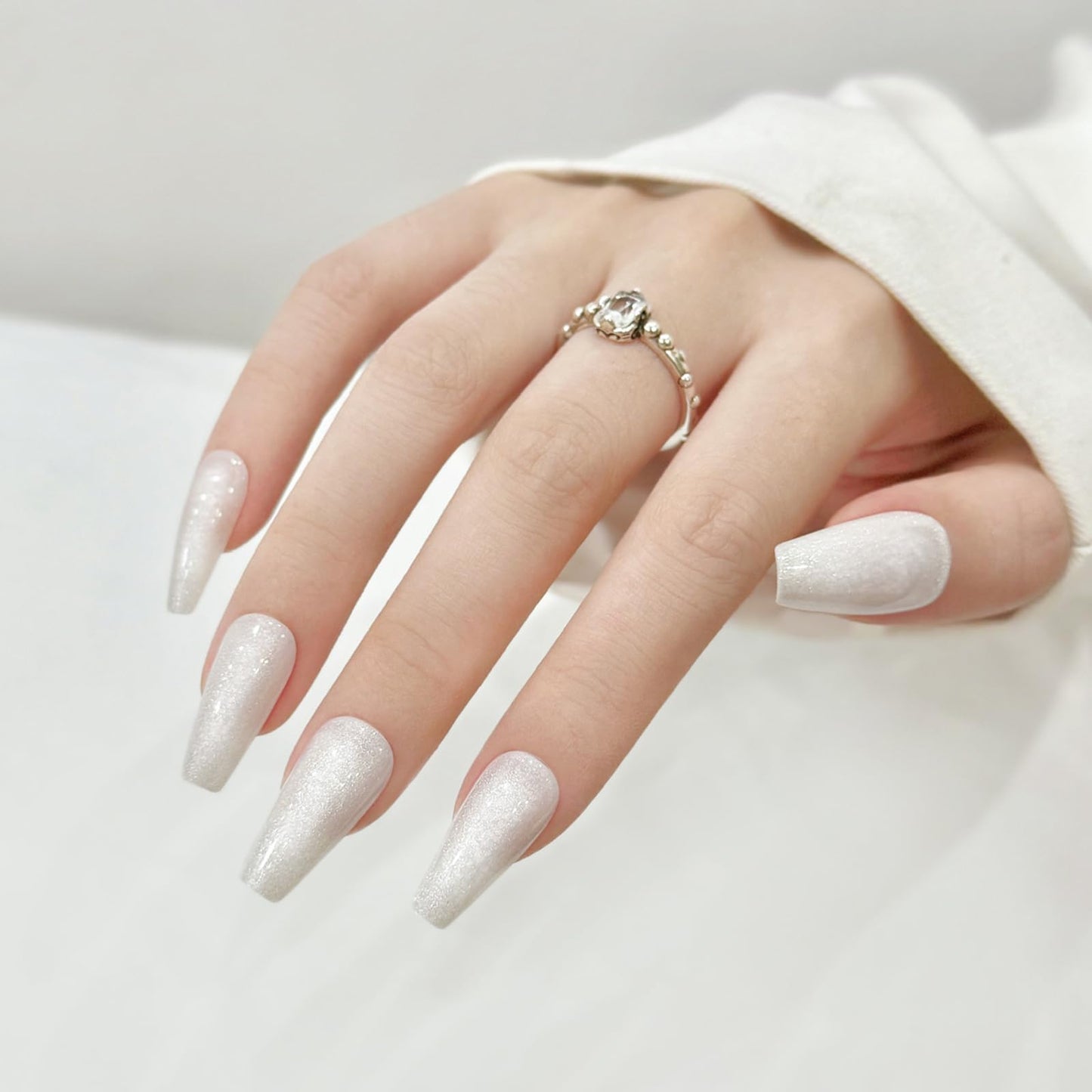 Skycloud White Eyes Press On Nails, 12 Sizes - 24 Pcs Soft Gel Medium Coffin False Nails Kit with Glue, Natural Reusable Stick On Nails for Women & Girls (SK0720)