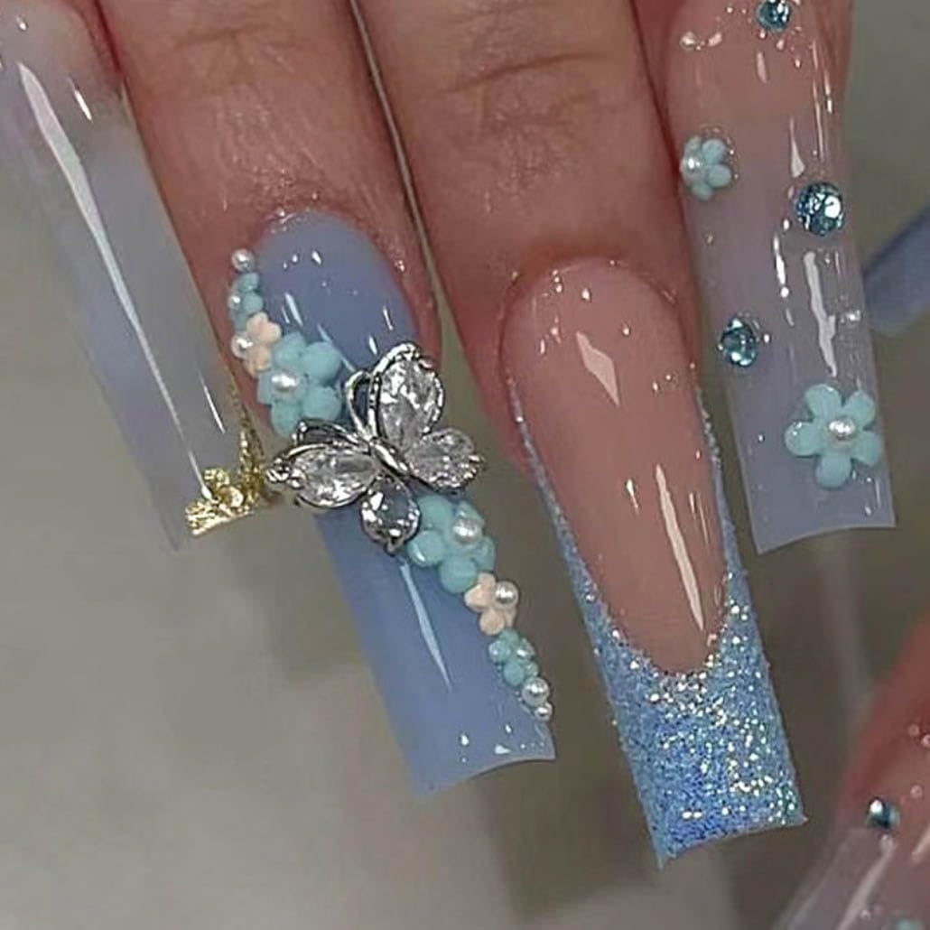 Foccna Butterfly Blue Fake Nails Square French Press on Nails Long Bling Glossy Rhinestone False Nail Tips Artificial Nails Finger Manicure for Women and Girls,24pcs