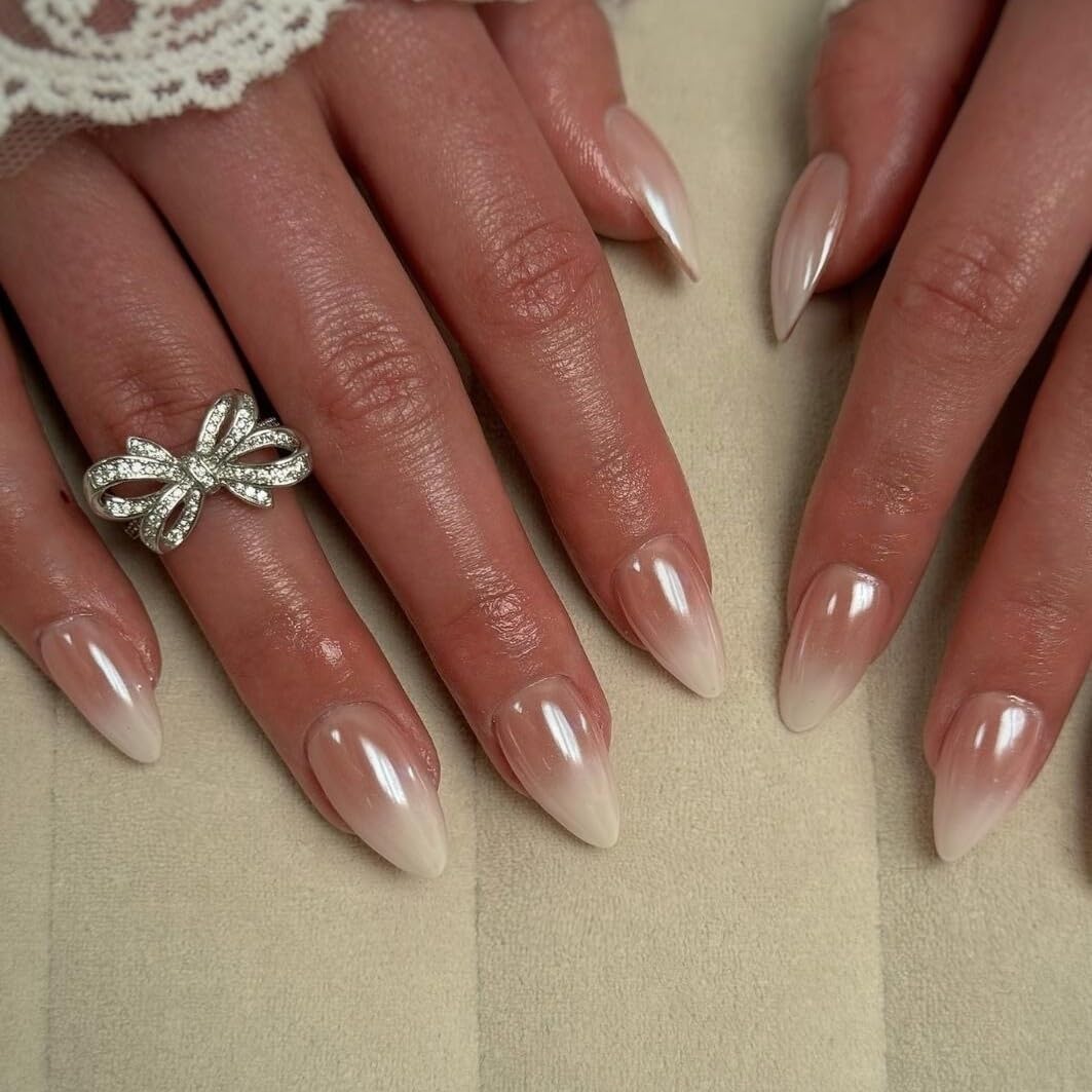French Press On Nails Almond - KQueenest Chrome Brown Red Press On Nails Short Almond, Glazed Acrylic Fake Nails Press on, Natural Ombre Nails Glue on, Artificial Stick On Nails for Women Daily Wear