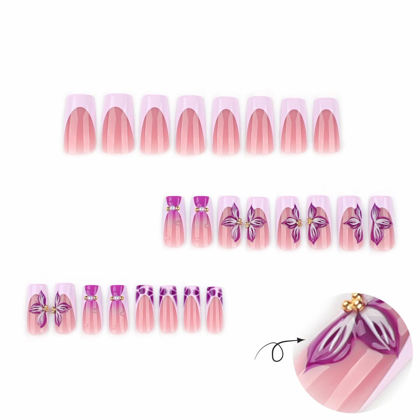 CTTHNBD Square Press on Nails Medium - Purple French Tip Fake Nails with Flower Design - Ombre Stick on False Nails - for Women 24 Pcs
