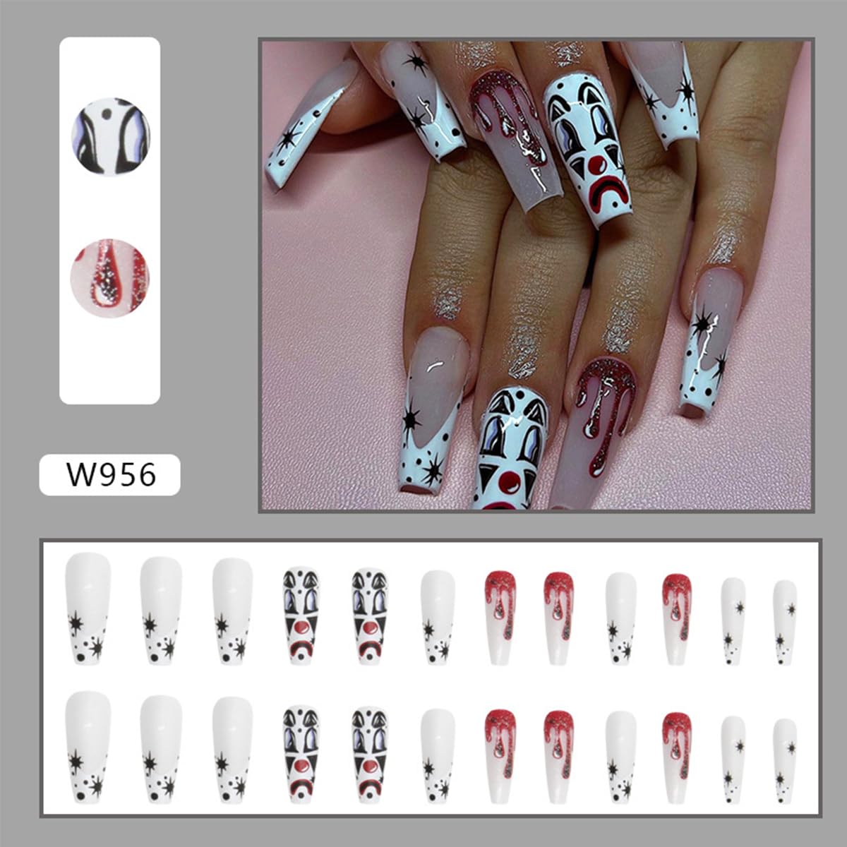 24 Pcs Halloween Press on Nails Long Coffin Fake Nails White French Tip False Nails with Designs Ghost Clown Glossy Glue on Nail Full Cover Acrylic Stick on Nail for Women Girls Manicure