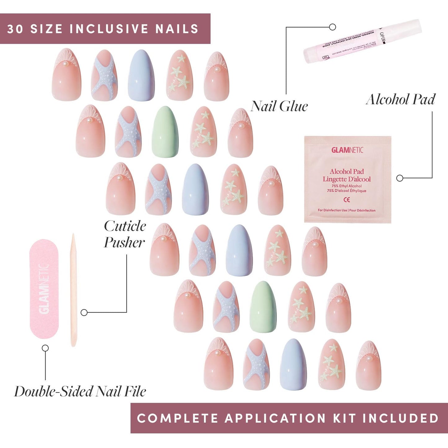 Glamnetic Press-On Nails Bundle - Salty Waves & Think Pink | Short Almond Starfish Fake Nails with 3D Nail Art | Light Pastel Pink Short Oval Fake Nails | Reusable, Salon-Quality Nail Kits