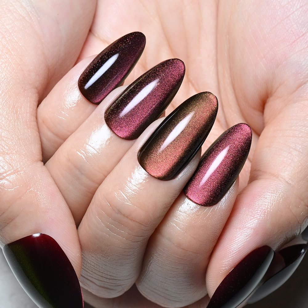 XZMeiLun Cat Eye Purple Red Press On Nails Almond Medium, Magnetic Acrylic Fake Nails Stylish Design, Salon-Quality Shiny Finish, Reusable Stick On Nails Kit for Women, Daily Wear (No Glue Included)