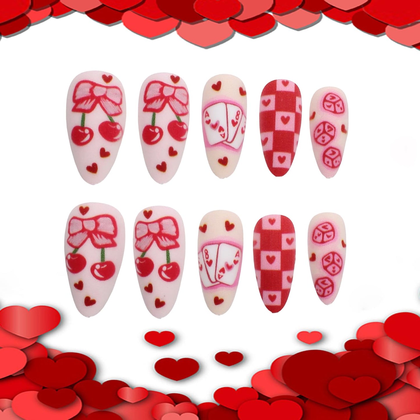 Valentines Press on Nails Medium Length Artificial Acrylic Almond Red Love False Nails Cherry with Poker Design Heart Full Cover Glossy Glue on Nail Artificial Fingernails for Women Festival Manicure