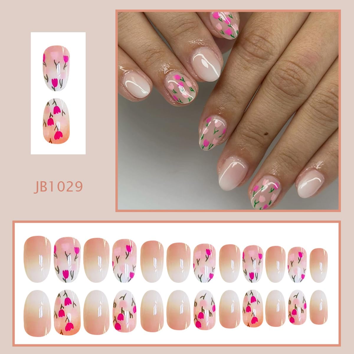 Spring Flower Press on False Nails Nude Ombre Fake Nails Short Oval Glue on Nails with Cute Flower Designs Glossy Press ons Stick on Nail for Women Manicure 24Pcs