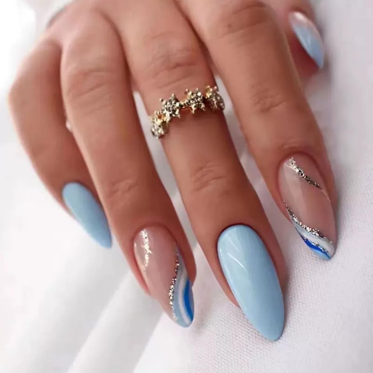 6 Packs (144 Pcs) Press on Nails Medium Almond Fake Nails Swirls False Nails with Designs Glitter Line Glue on Nails Full Cover Glossy Acrylic Stick on Nail for Women Manicure