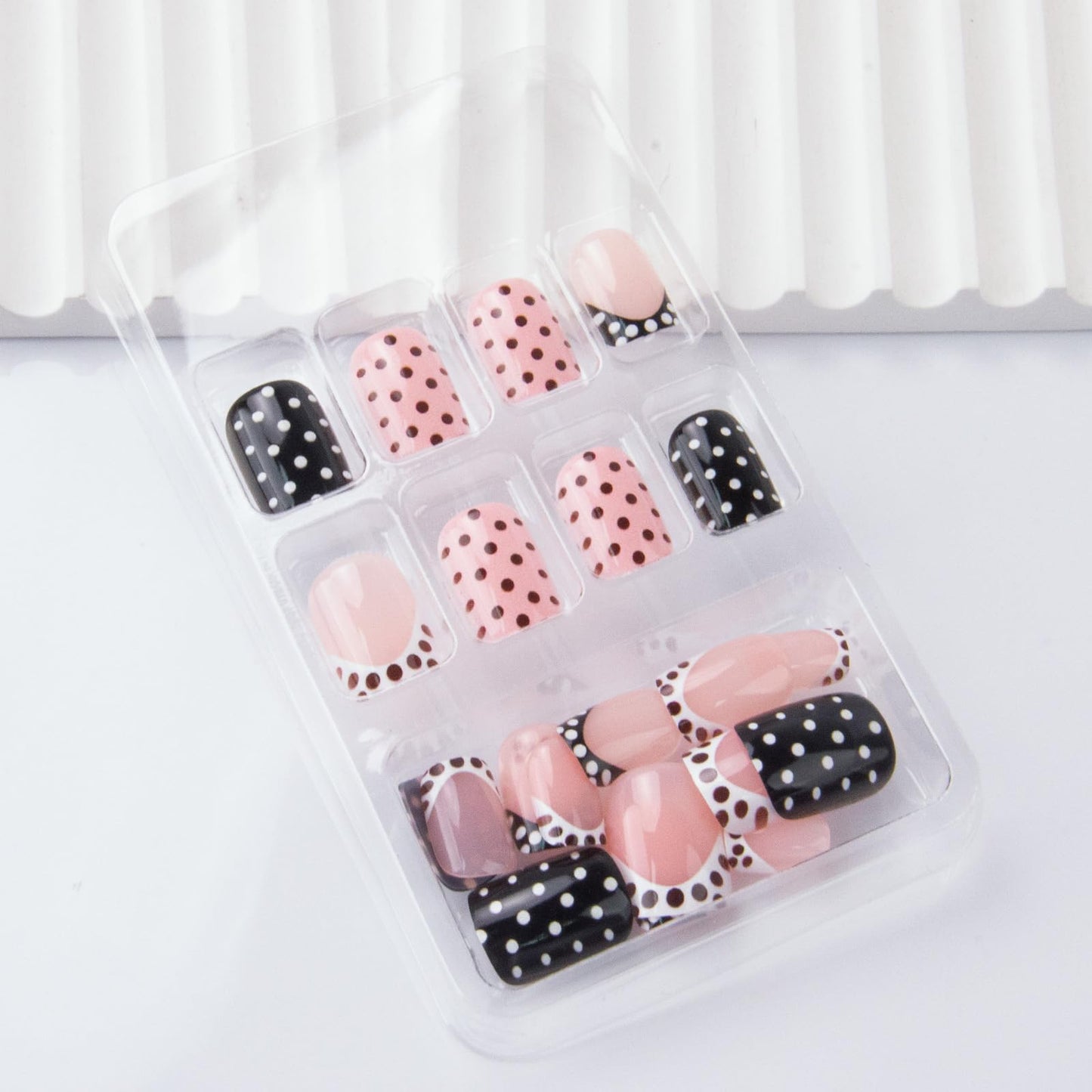 Polka Dot Press on Nails Short Square Fake Nails French Tip False Nails Cute Polka French Acrylic Nail Glossy Full Cover Glue Stick on Nail for Women Manicure 24Pcs
