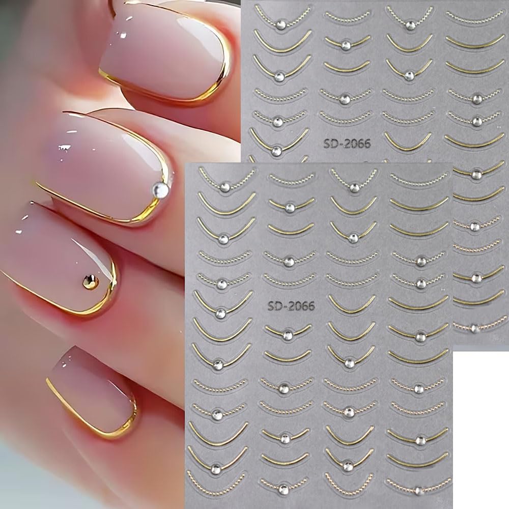 French Line Nail Art Stickers,Gold Silver Line Diamond Nail Stickers 5D Self-Adhesive Nail Decals 2Pcs Nail Art Supplies Gold Silvery Lines Stripe Deisgns for Women Nails Decor