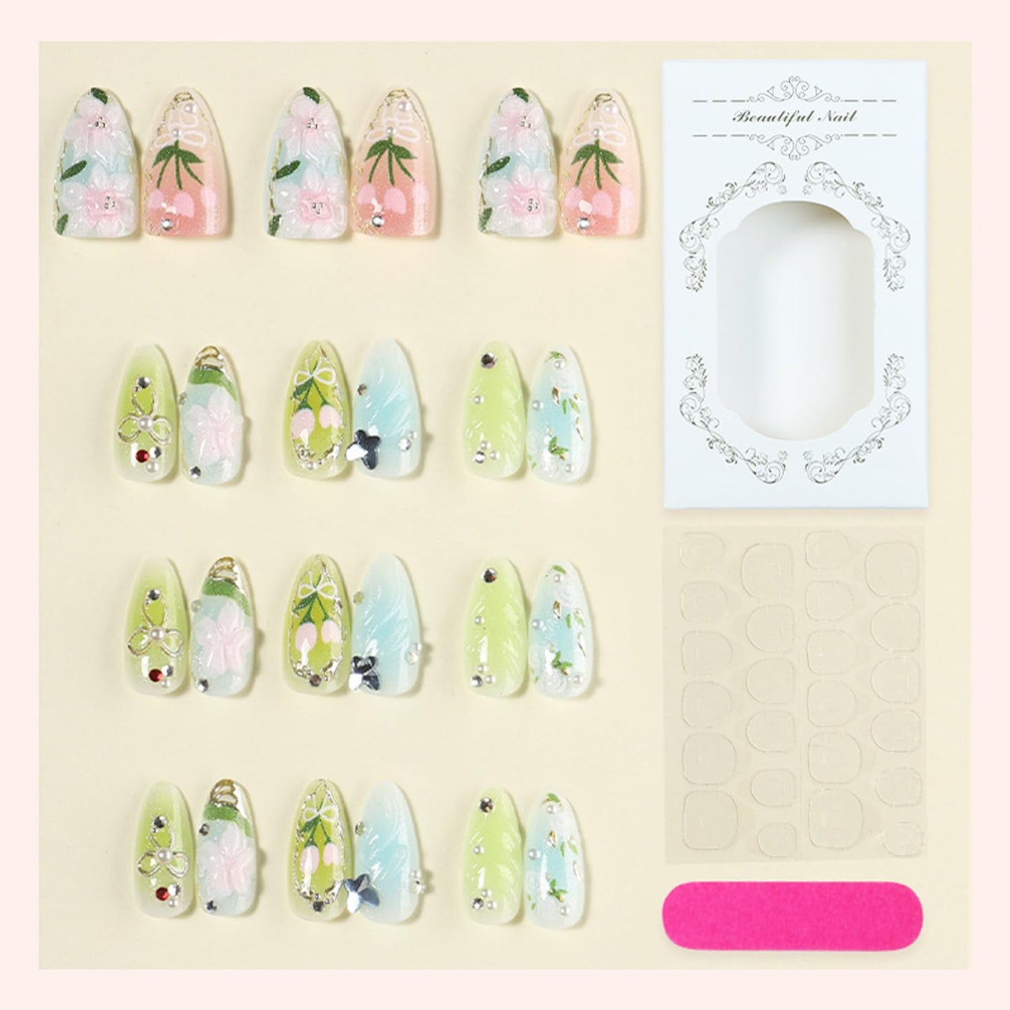 30Pcs Medium Almond Press on Nails Flower Fake Nails with 3D Butterfly Rhinestone Design Bow Floral False Nails Chrome Silver French Glue on Nail Glossy Full Cover Spring Summer Acrylic Nail for Women