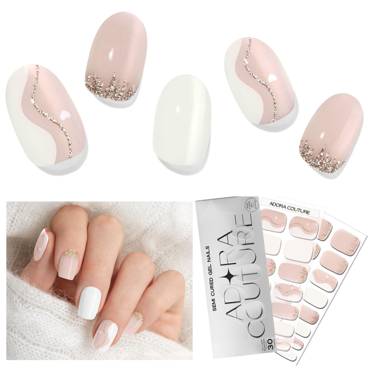 Adora Couture Semi Cured Gel Nail Strips with 30 Pieces - Salon Quality Manicure Kit for Women Easy Application Wraps Includes Prep Pads Nail File Wooden Stick, UV Light Required (Pink Swirl)