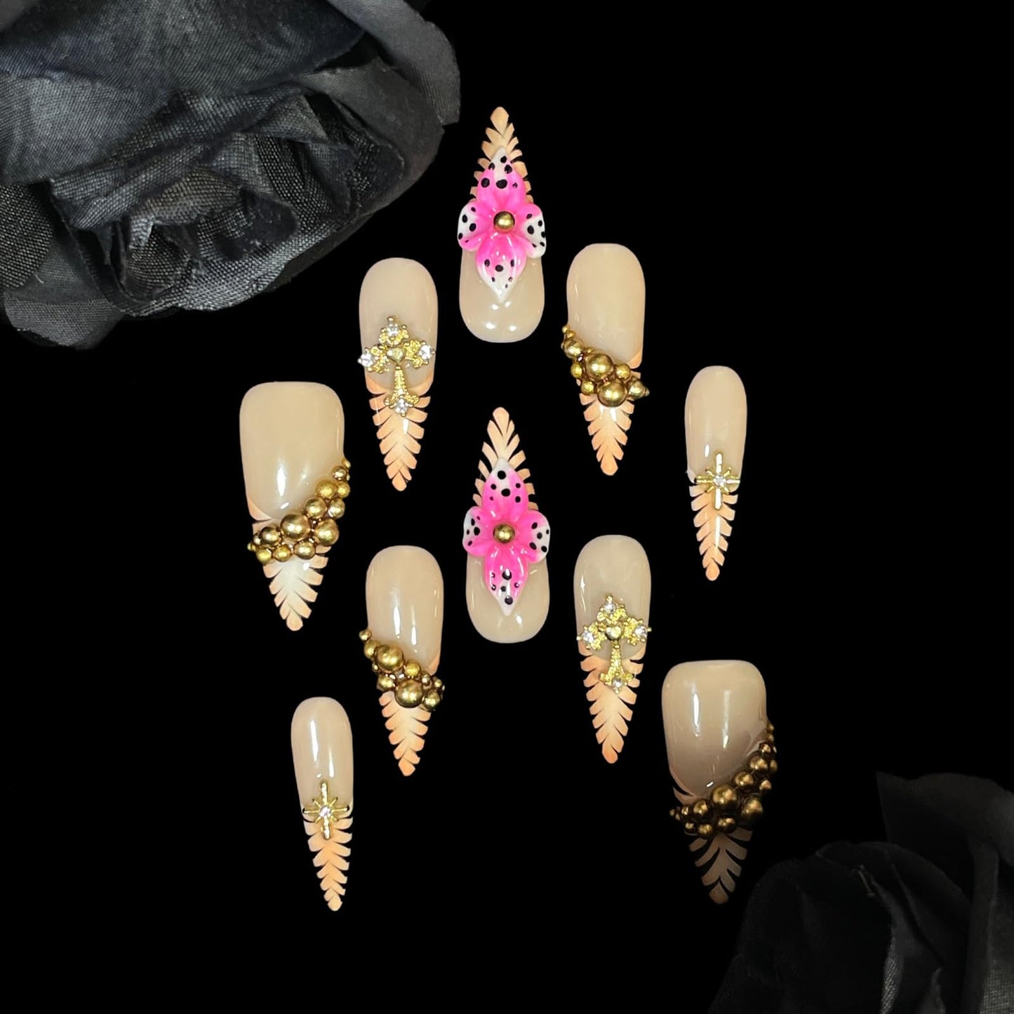 Luxury Handmade Press On Nails, Nude Pink Stiletto Tips with Gold Chains, 3D Flowers, Tiger Stripes, Reusable Acrylic False Nails (Tiger Luxe, M)