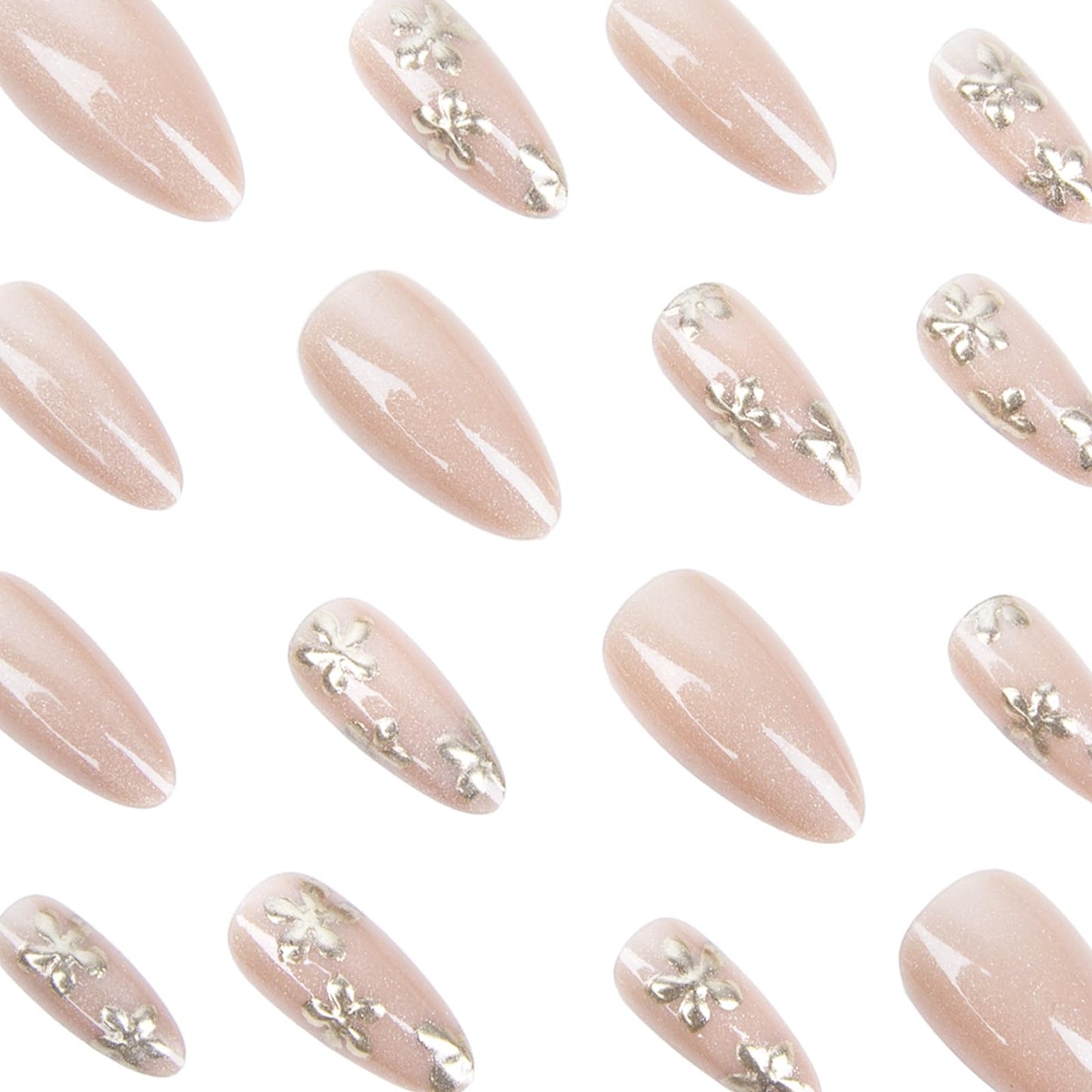 Almond Press on Nails Medium Fake Nails with Designs Gold Flower Stick on Nail Glitter Acrylic False Nail Cute Artificial Nail Press ons Glossy Full Cover Glue on Nails for Women 24Pcs