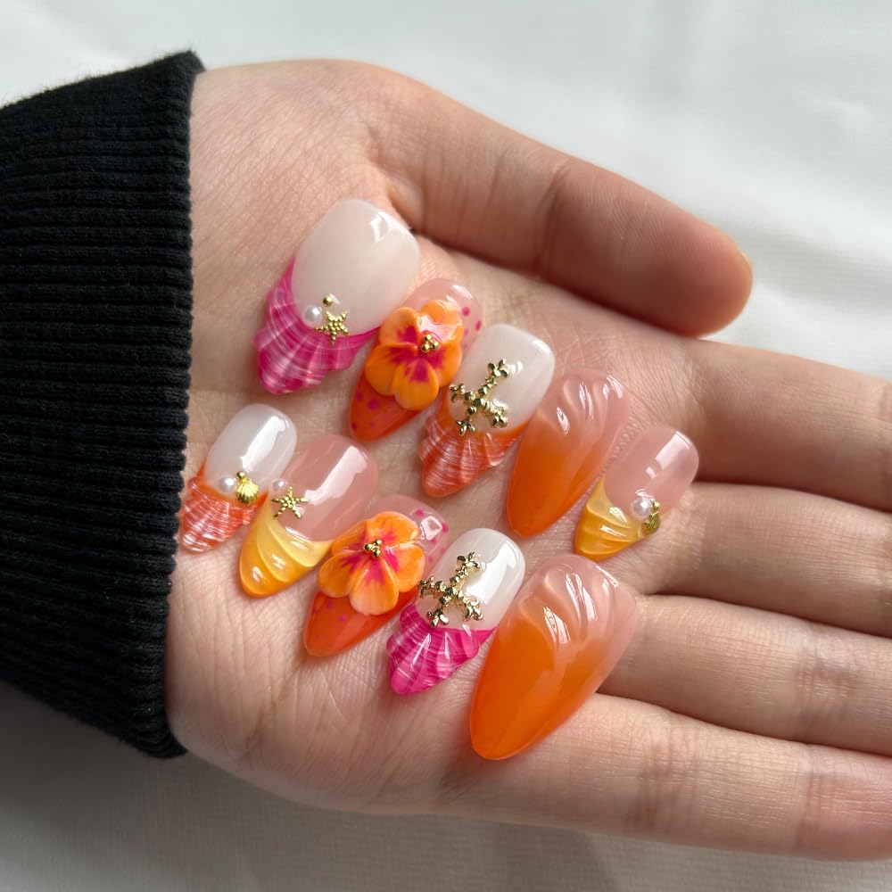 Press On Nails - French Tips Almond Handmade Unique Fake Nails, Orange and Pink Pairing, Thick Acrylic and Muti-Layer Gel False Nails, Reusable Gel Cured Sturdier 3D Fake Nails Set (Size S)