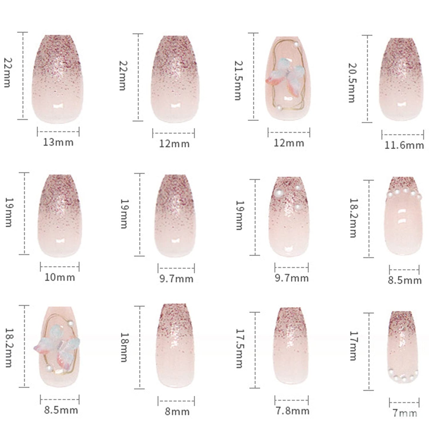 Press On Nails Square Medium Length, Artificial Acrylic Fake Nails With Butterfly Pearl Designs, 24Pcs Full Cover Reusable Coffin False Nails Set, Stick On Nails For Nail Art