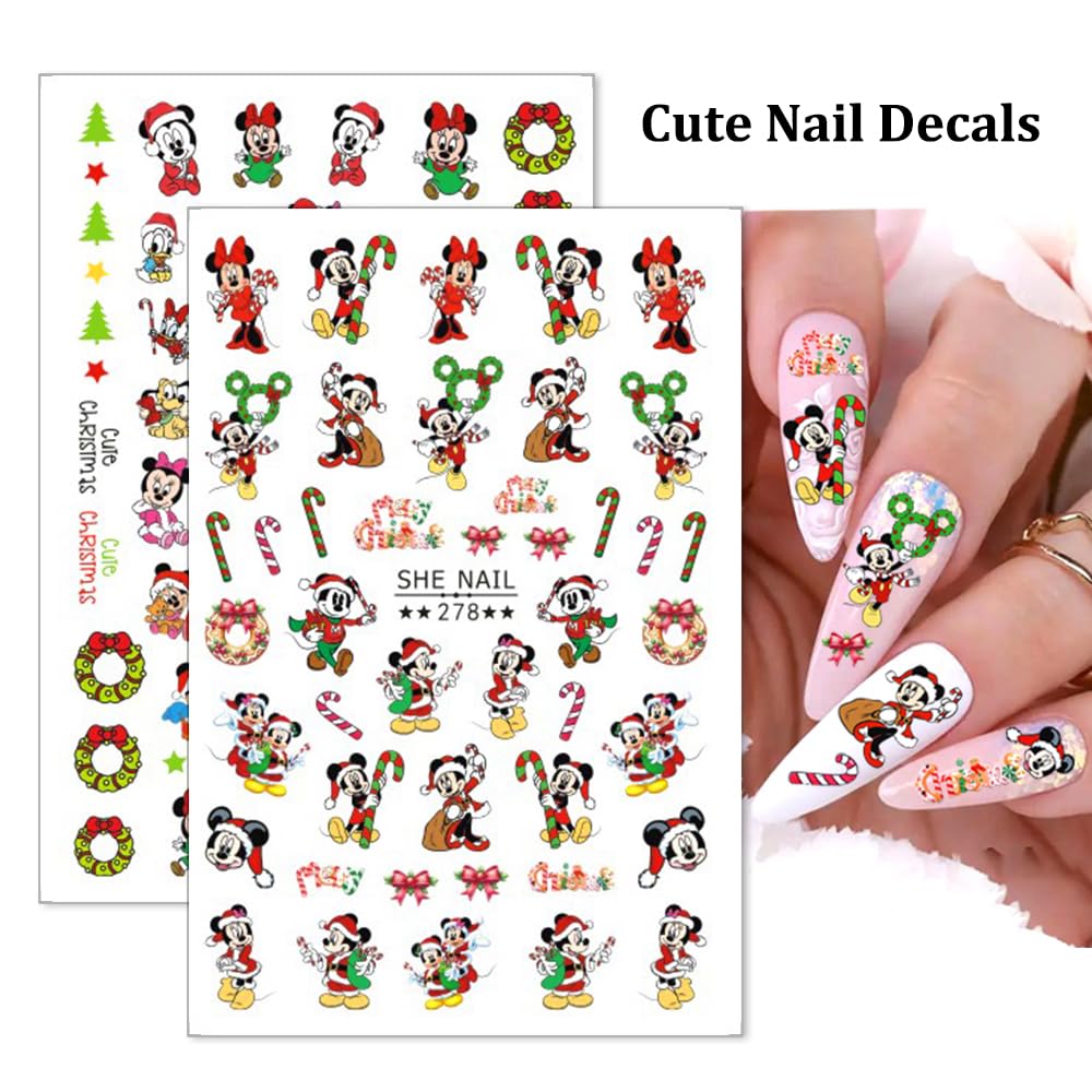 Christmas Nail Stickers - 8 Sheets Cute Cartoon Self-Adhesive Nail Decals, Xmas Nail Art Supply With Snowflake, Elk, Mouse Design for Women Girls DIY Nail Decoration